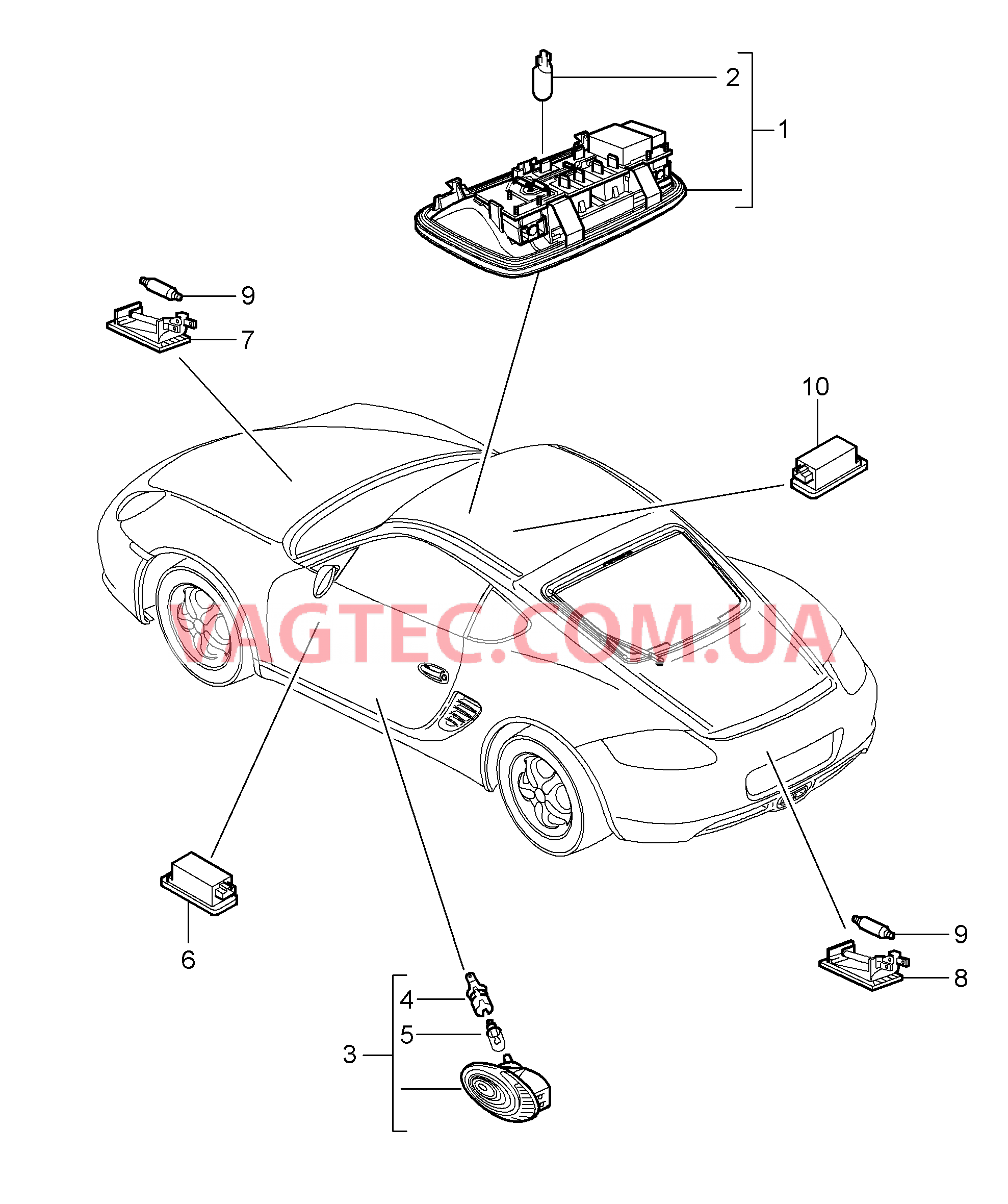 903-004 Освещение салона, Плафон освещения багажного отделения, Подсветка моторн. отсека, Подсветка перчат.ящика, Подсветка простр.для ног для PORSCHE Cayman 2006-2008
