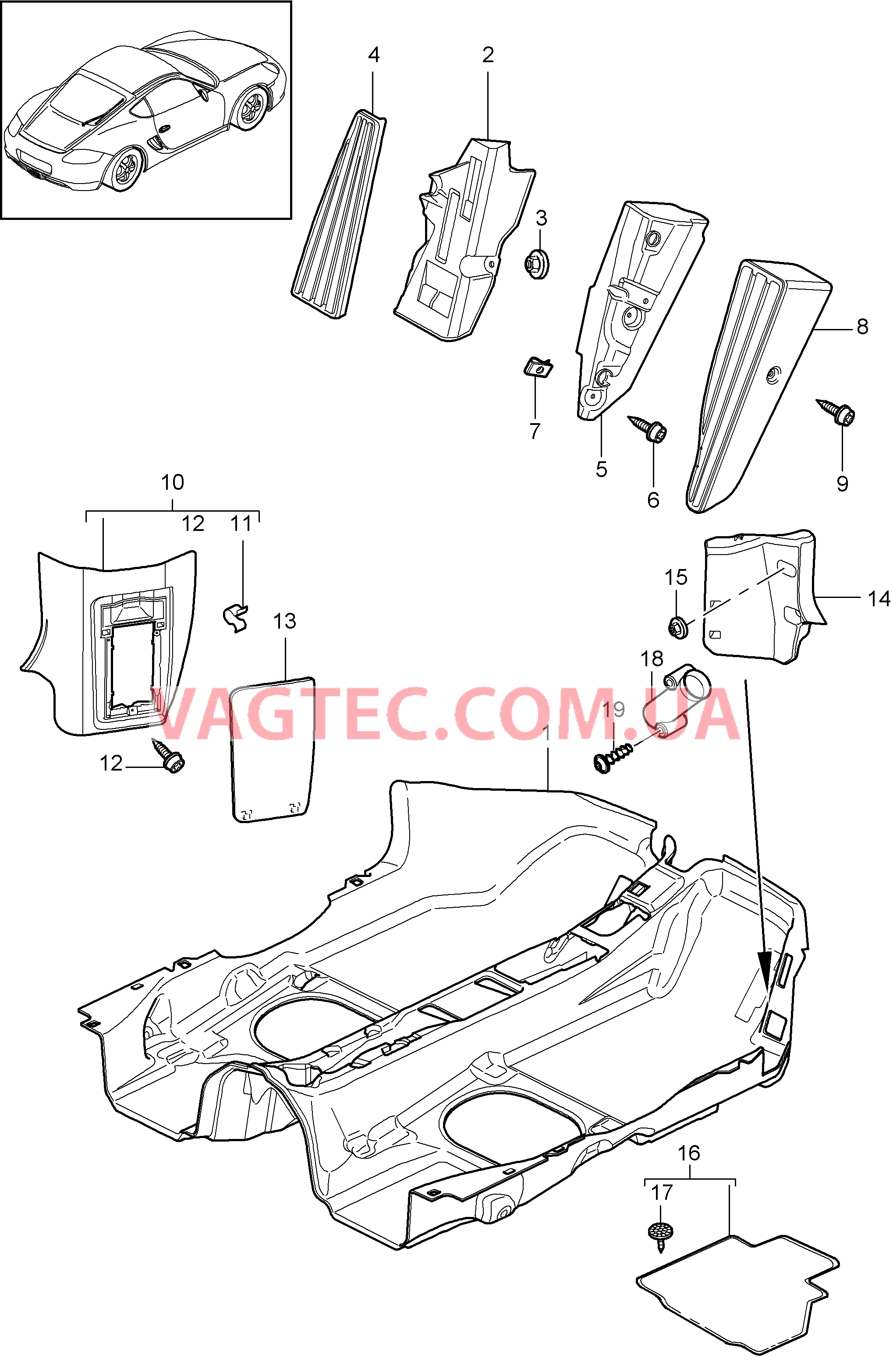 807-002 Оснащение салона, Накладка на днище, Обивки для PORSCHE Cayman 2009-2012USA