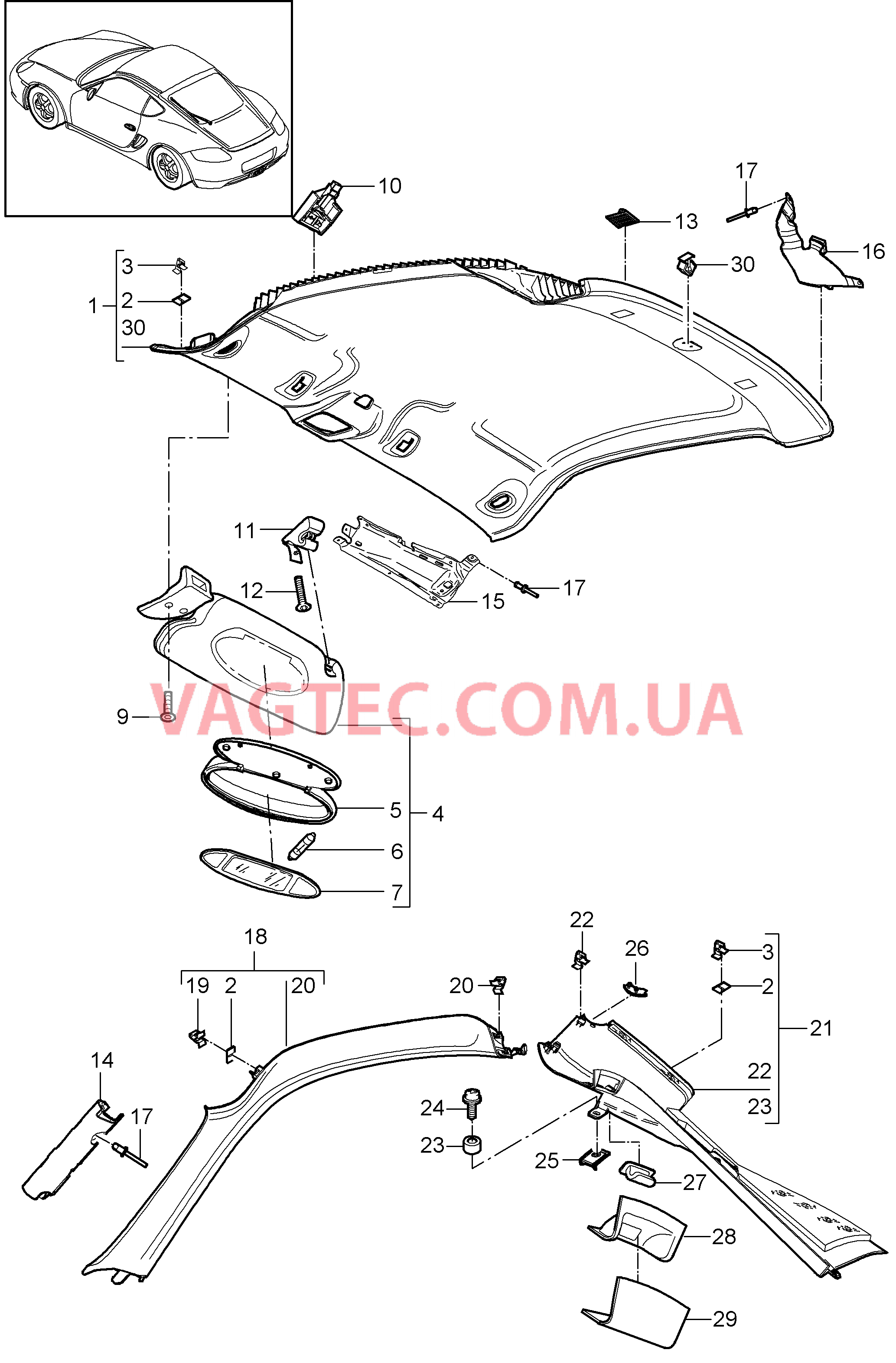 807-008 Обшивка потолка, Солнцезащитные козырьки, Стойка А, Стойка С для PORSCHE Cayman 2009-2012USA