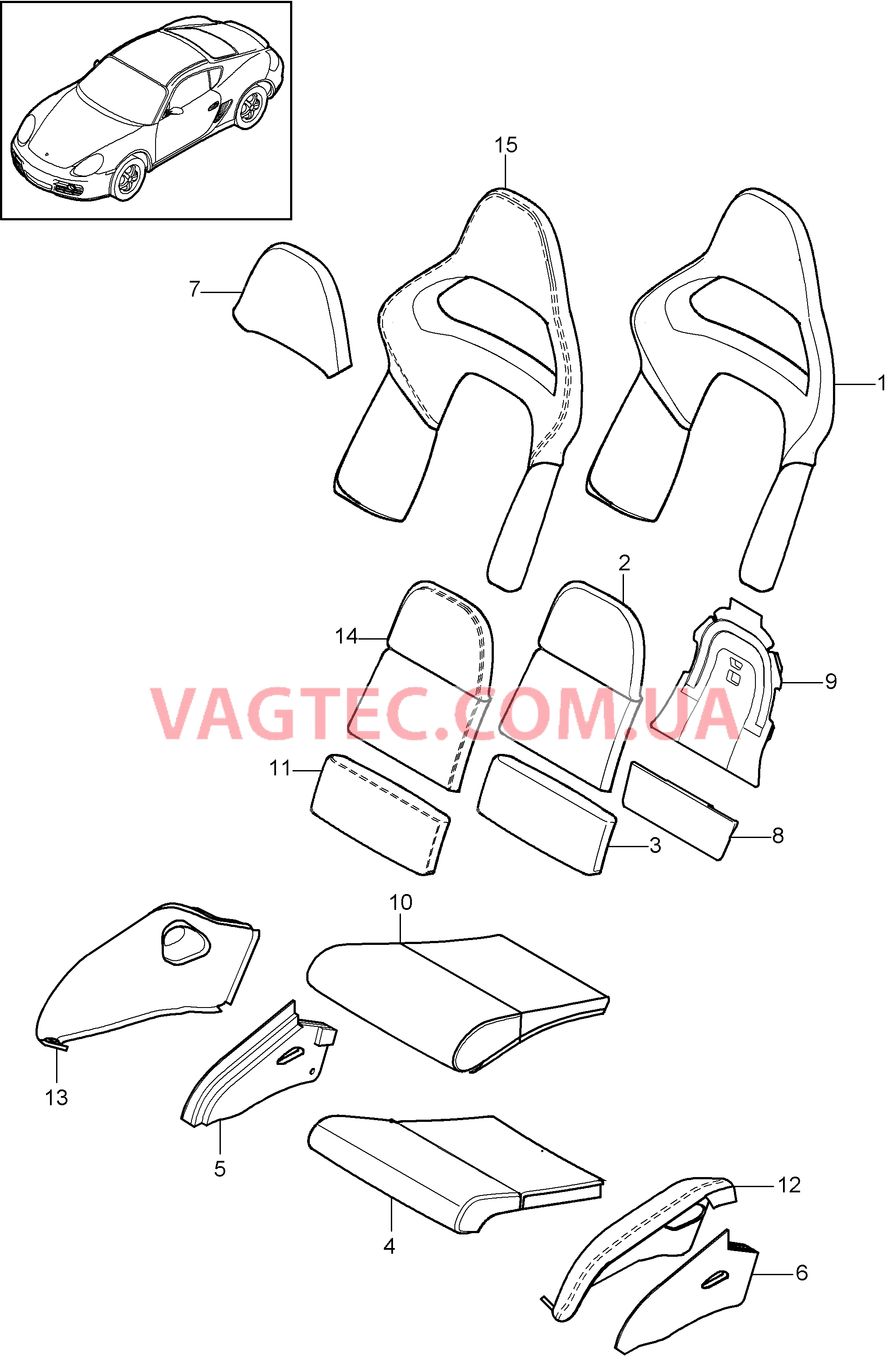 817-032 Пенопласт.комп., Покрытие, подушка и спинка, Ковшеобразное сиденье, складной для PORSCHE Cayman 2009-2012USA
