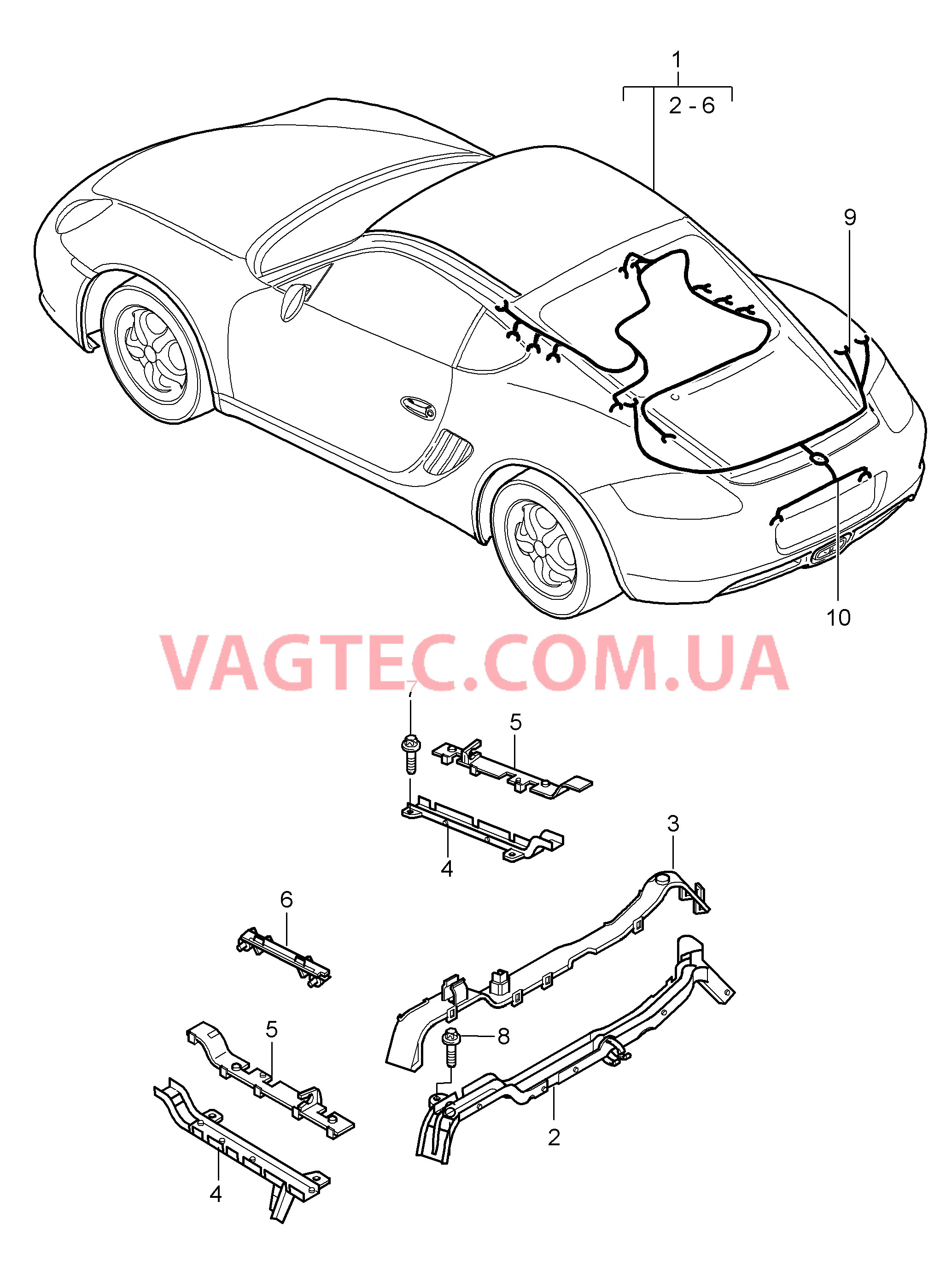 902-020 Жгуты проводов, Двигатель, Задняя часть кузова, Лампа освещения номерного знака, Помощь при парковке, Ремонтные комплекты, для, Амортизатор, ABS, Индик.износа торм.колодок, Задняя ось для PORSCHE Cayman 2009-2012USA