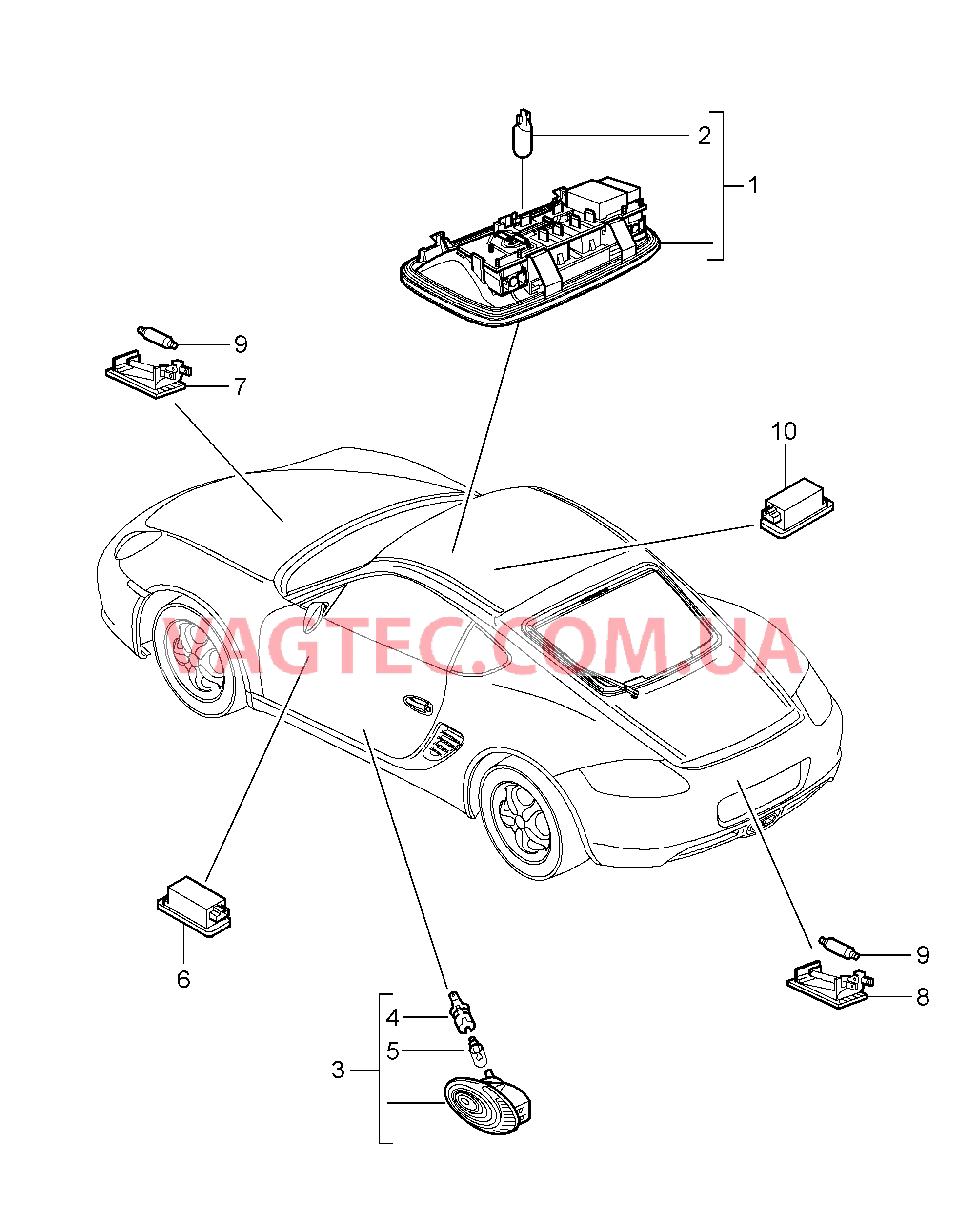 903-004 Освещение салона, Плафон освещения багажного отделения, Подсветка моторн. отсека, Подсветка перчат.ящика, Подсветка простр.для ног для PORSCHE Cayman 2009-2012