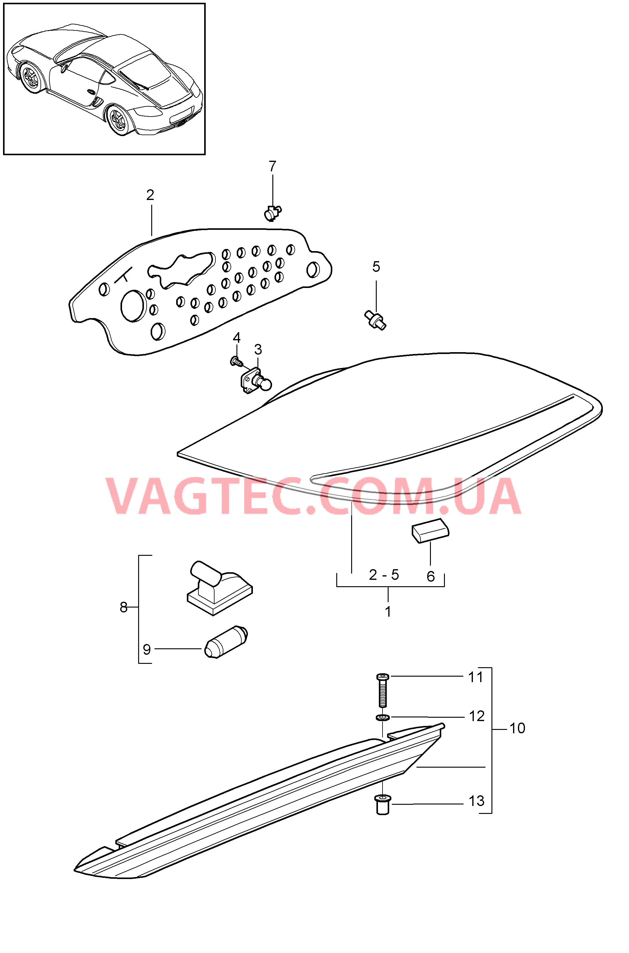 905-005 Задний фонарь, Лампа освещения номерного знака, Доп.сигнал торможения для PORSCHE Cayman 2009-2012USA