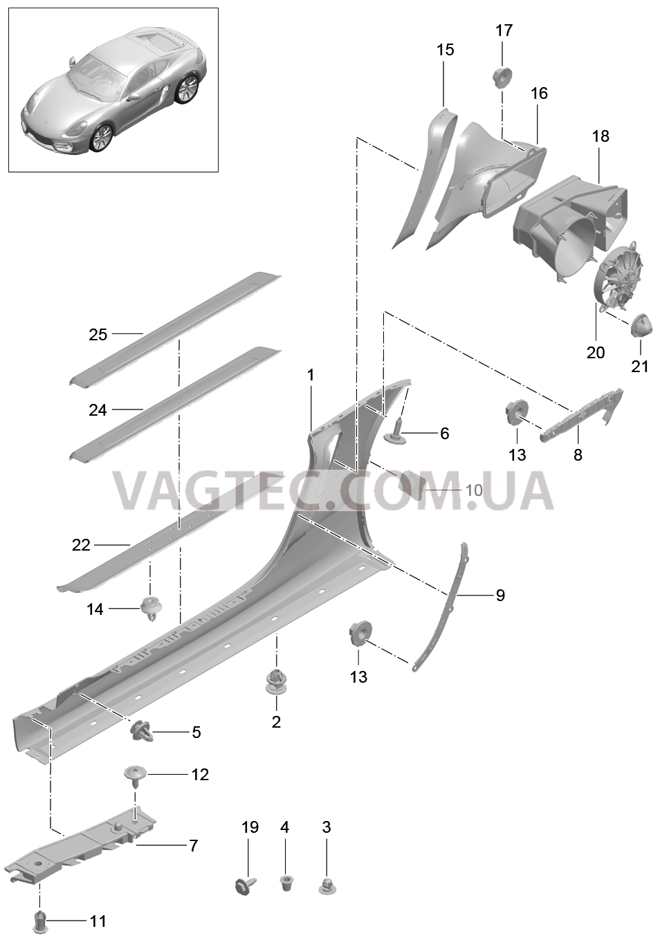 801-090 Накладка на порог, и, Вентиляция, Моторный отсек для PORSCHE Cayman 2014-2016USA