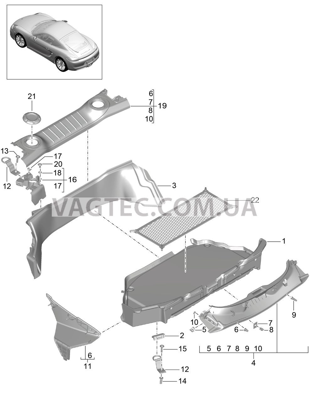 807-005 Багажный отсек, задний для PORSCHE Cayman 2014-2016