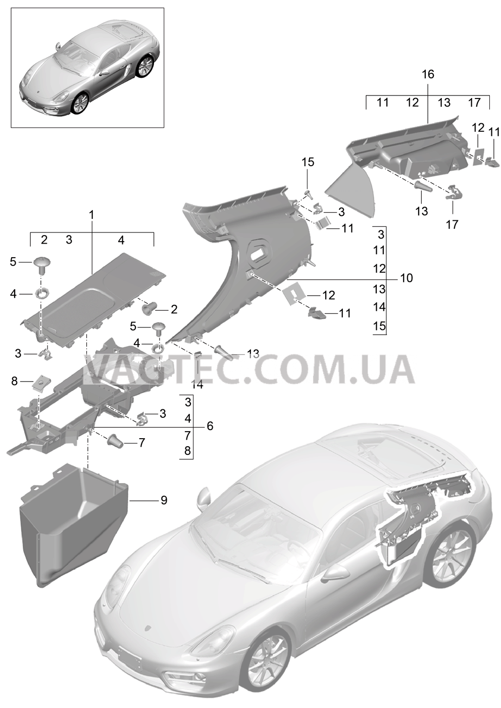 807-030 Обивки, боковой, Моторный отсек, и, Багажный отсек, задний для PORSCHE Cayman 2014-2016USA