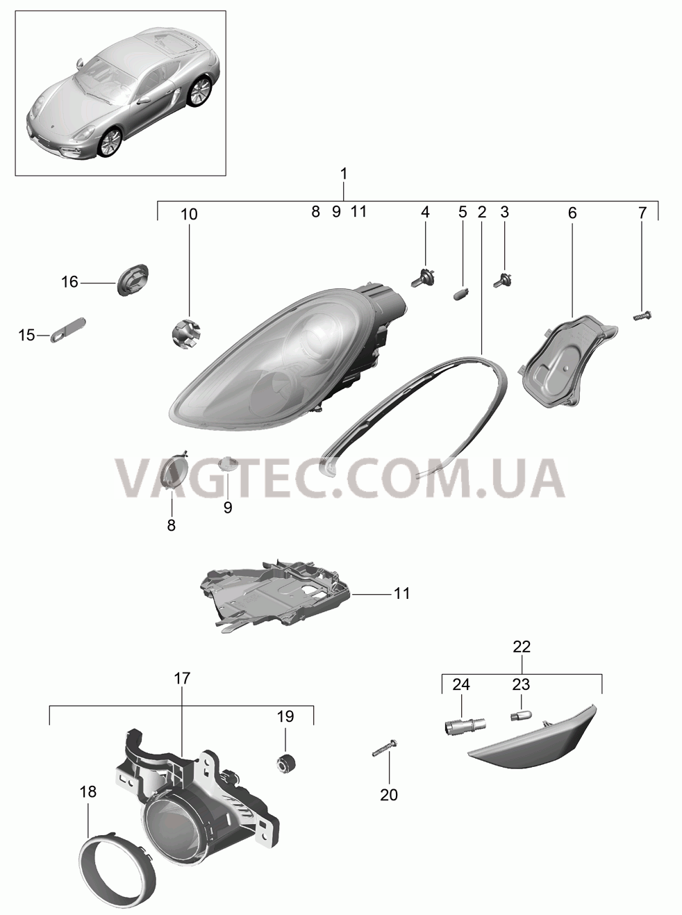 905-000 Фара, Дополнительная фара, Сигнал поворота, Боковой габаритный огонь
						
						-I601/-I603, -I620 для PORSCHE Cayman 2014-2016USA