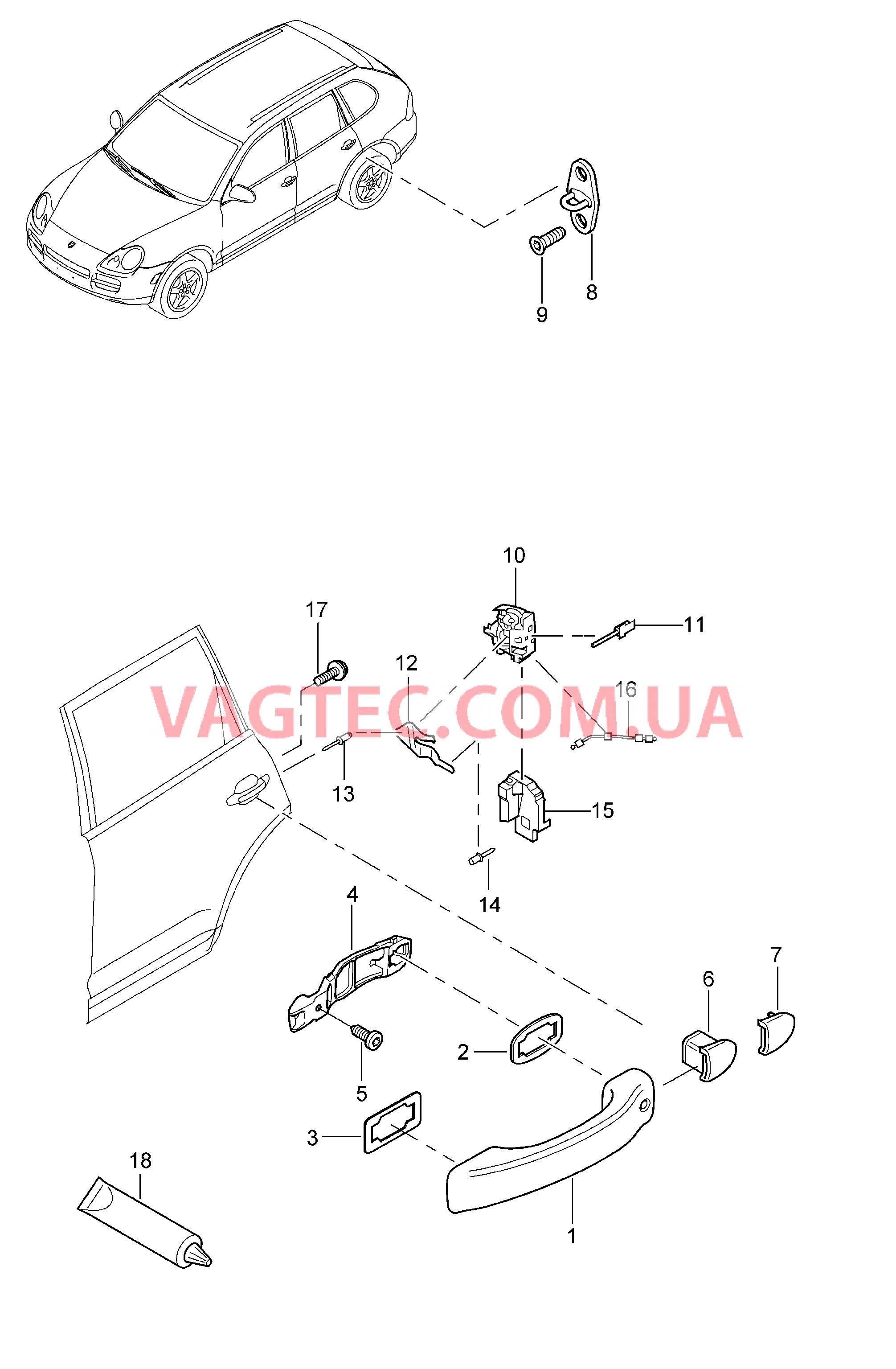 804-020 Рукоятка двери, Замок двери, задний для PORSCHE Cayenne 2003-2006