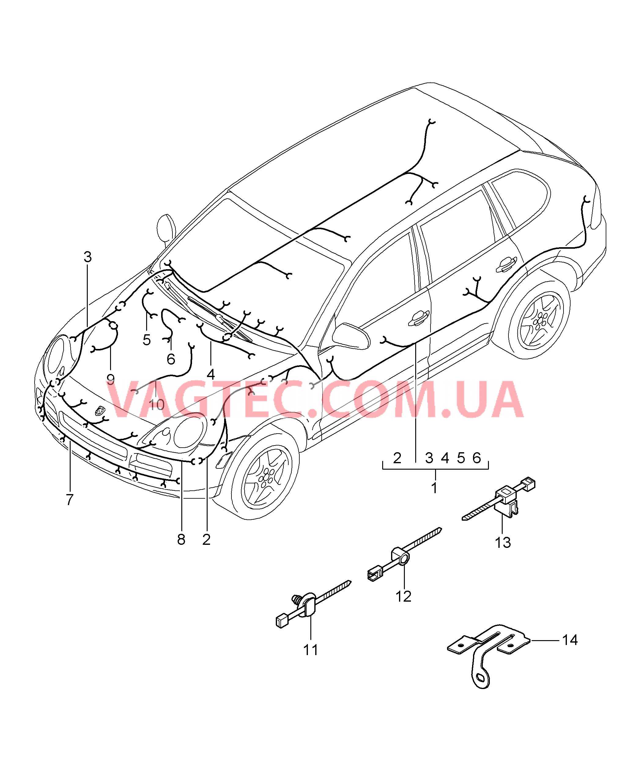 902-010 Жгуты проводов, Салон, Бампер, Передняя часть, ABS, Индик.износа торм.колодок, Передняя ось для PORSCHE Cayenne 2003-2006USA