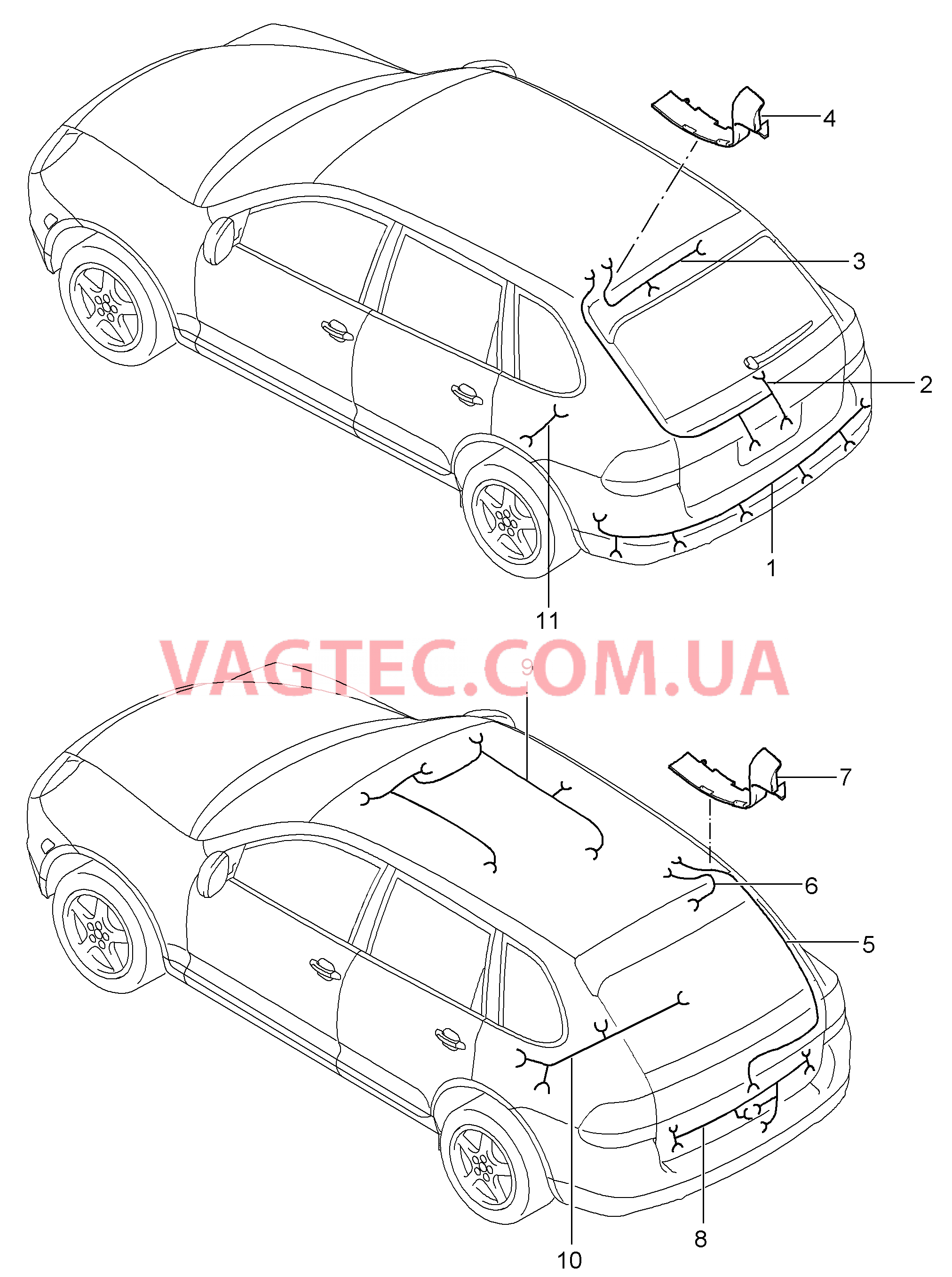 902-020 Жгуты проводов, Задняя часть кузова, Обшивка потолка, Топливный резервуар, ABS, Индик.износа торм.колодок, Задняя ось для PORSCHE Cayenne 2003-2006