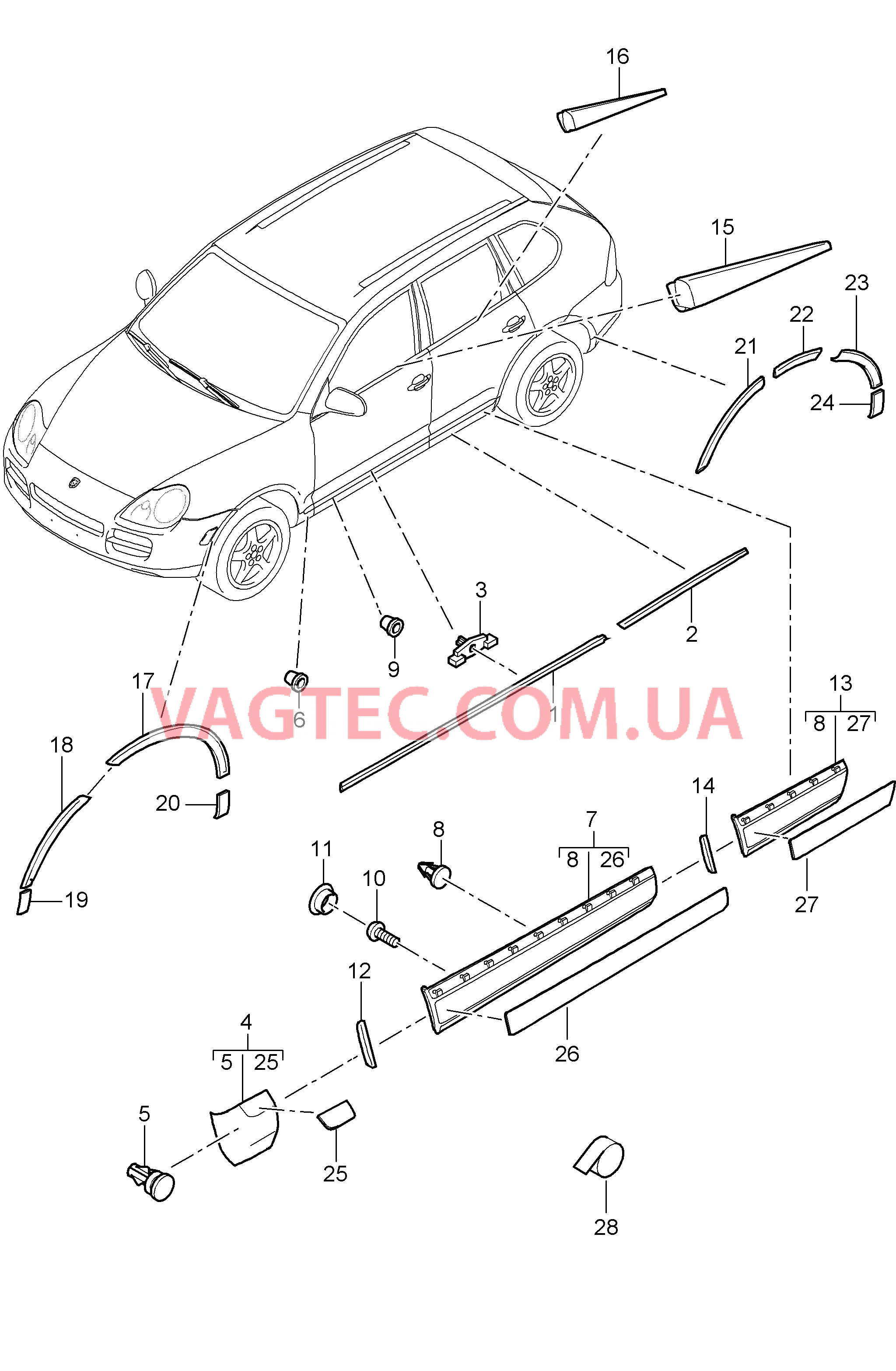 810-005 Декоративные обшивки, нижний, внешний для PORSCHE Cayenne 2007-2010USA