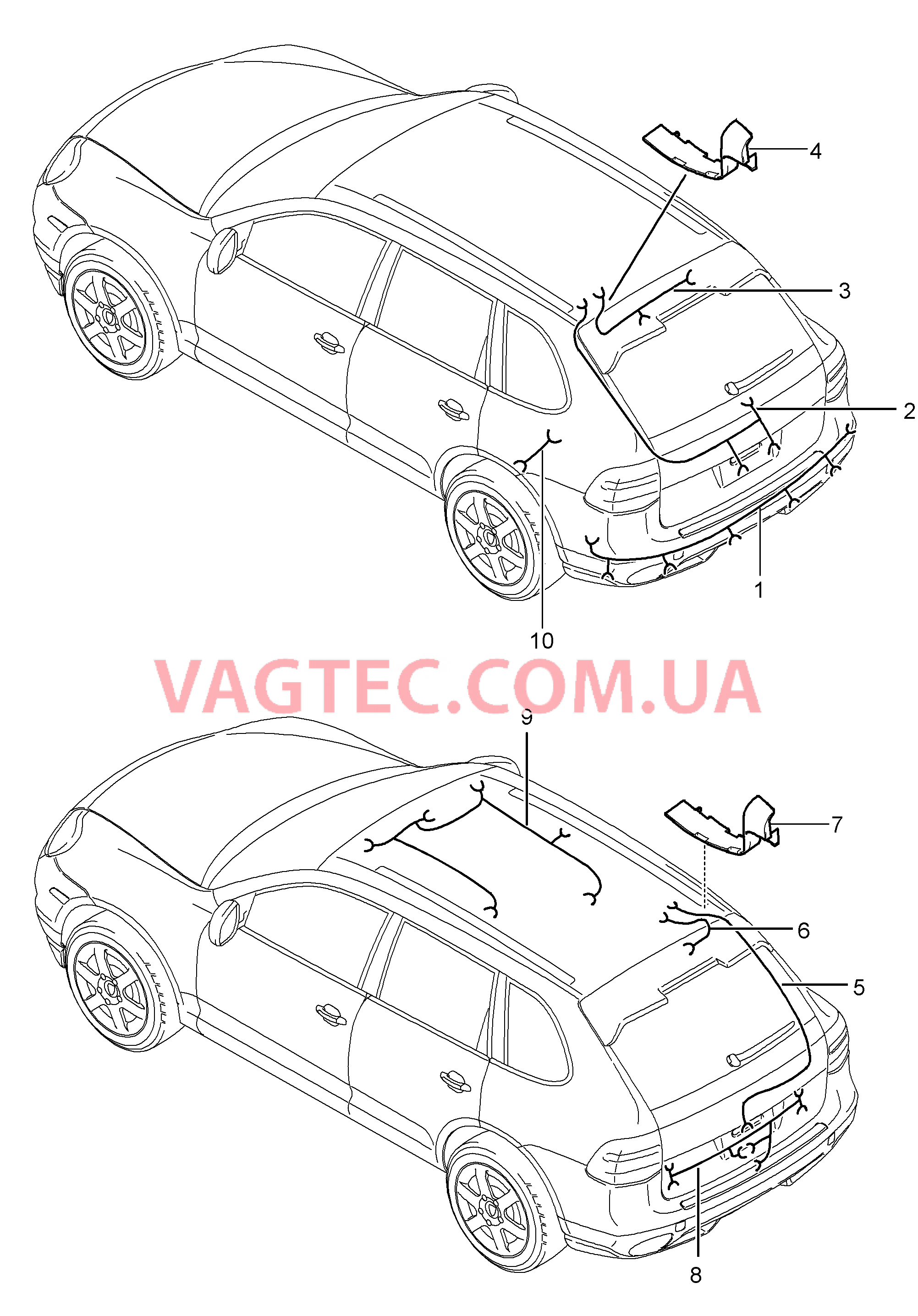 902-020 Жгуты проводов, Задняя часть кузова, Обшивка потолка, ABS, Индик.износа торм.колодок, Задняя ось для PORSCHE Cayenne 2007-2010USA