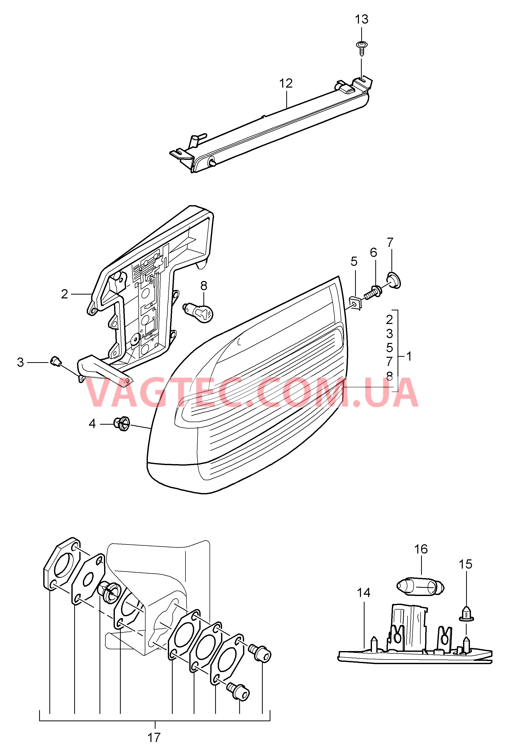 905-005 Задний фонарь, Лампа освещения номерного знака, Доп.сигнал торможения, Ремкомплект, Задний фонарь для PORSCHE Cayenne 2007-2010