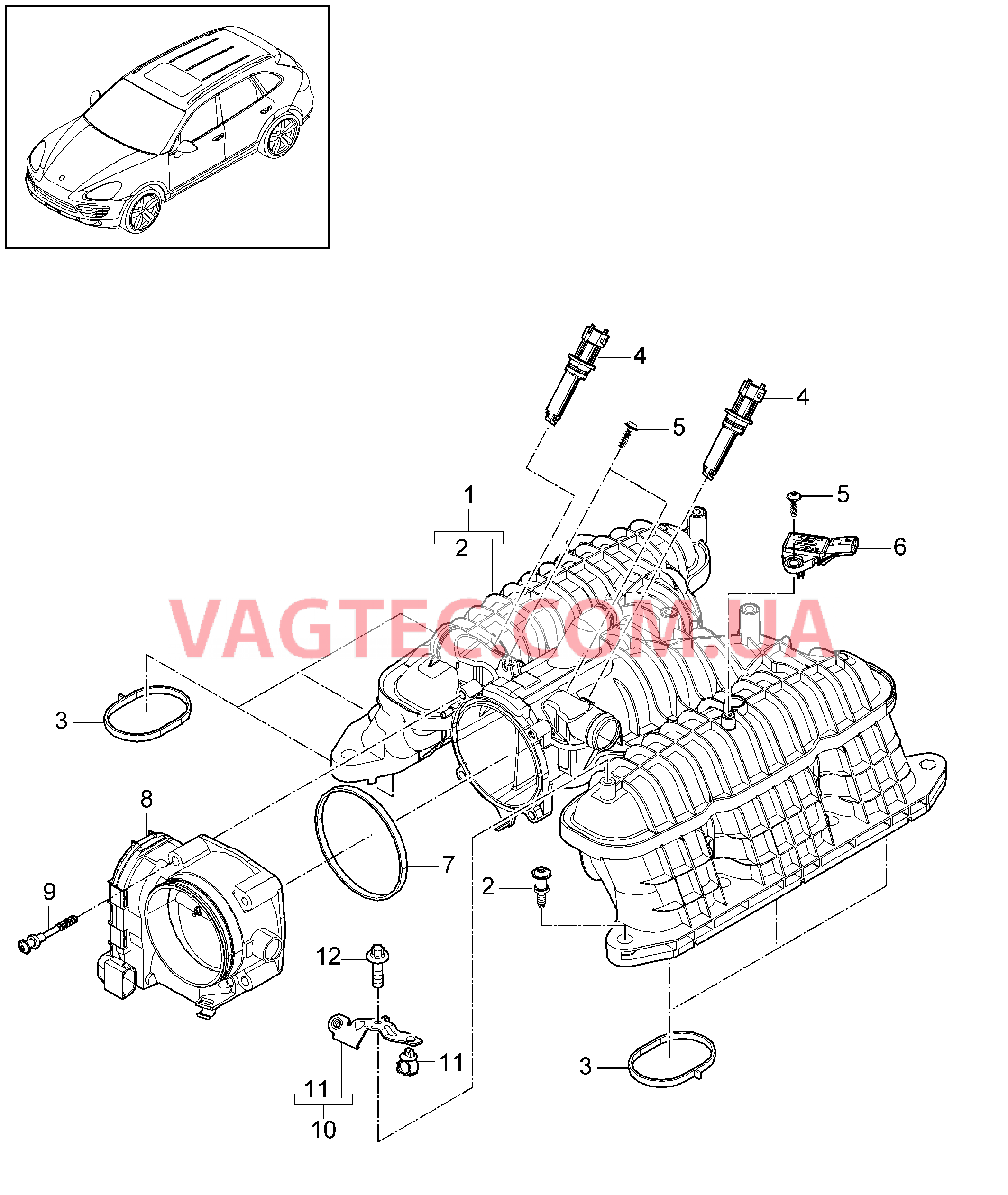 107-052 Впускной коллектор, Патр. дроссел.заслонки
						
						MCU.RA, MCX.ZA для PORSCHE Cayenne 2011-2018
