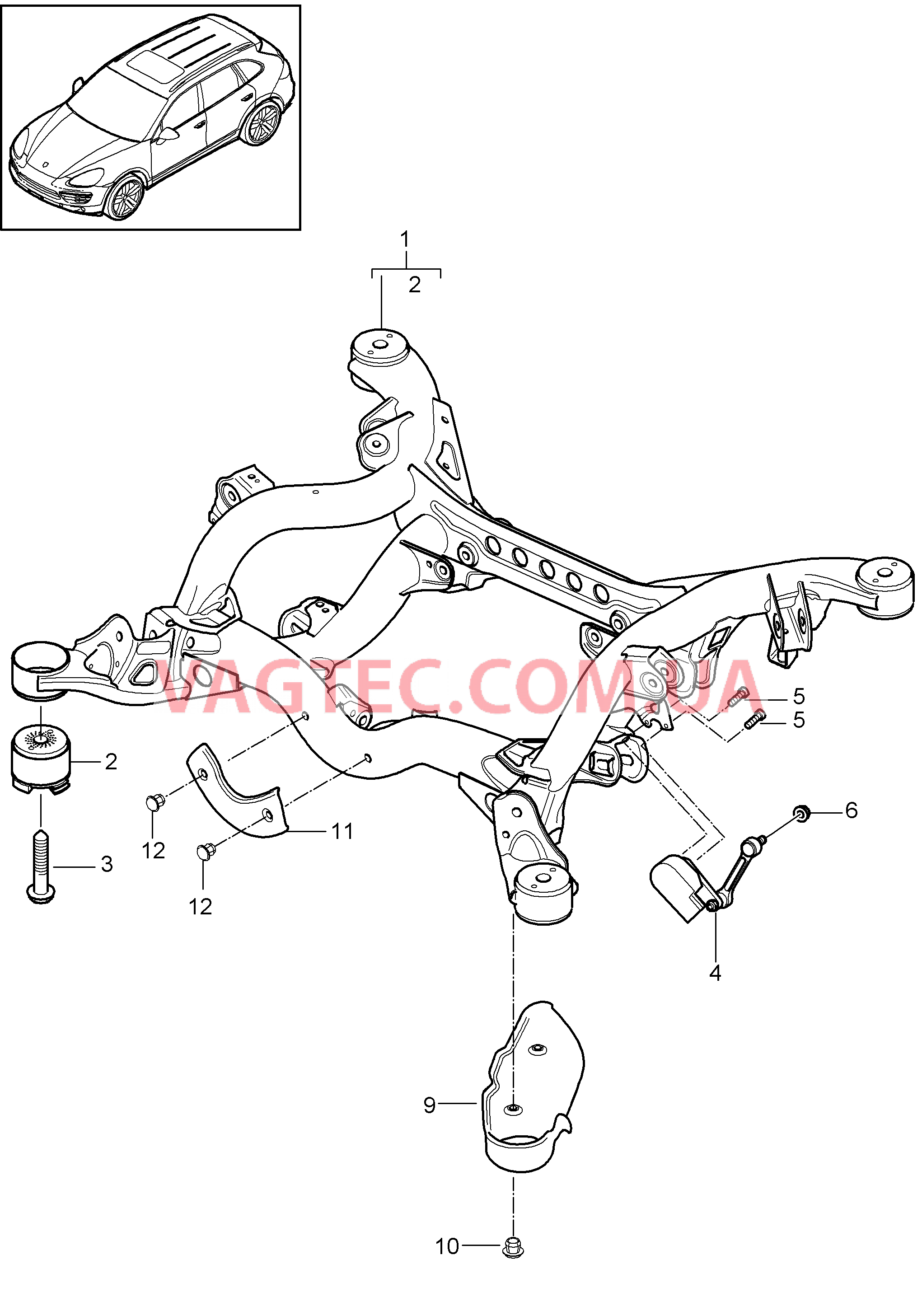 501-001 Задняя ось, Подрамник, Корректор фар, Датчик уровня кузова, Защита от камней
						
						I1BA/1BW, I1BH/1BK/1BZ для PORSCHE Cayenne 2011-2018USA