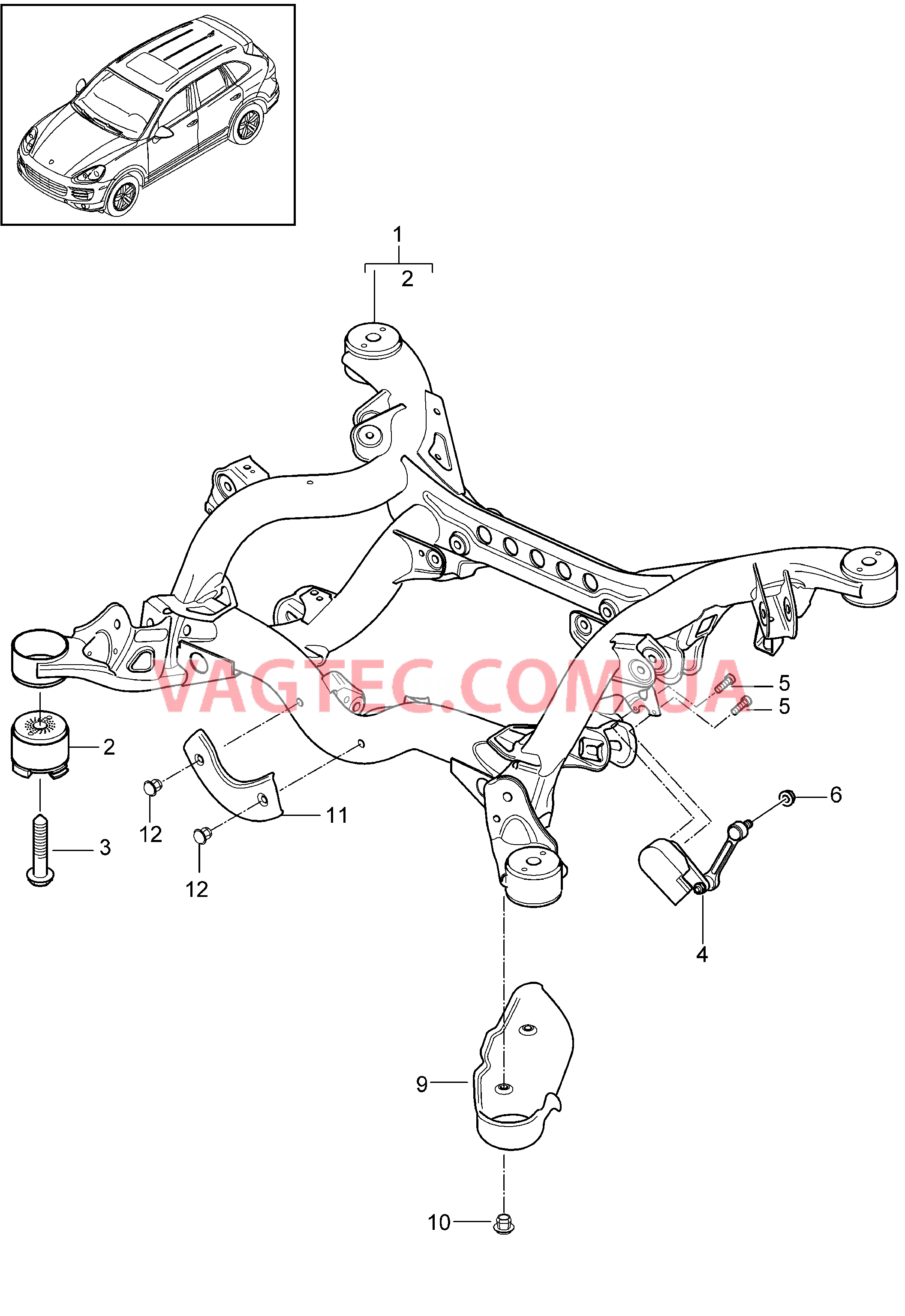 501-021 Задняя ось, Подрамник, Корректор фар, Регулир. высоты кузова, Защита от камней для PORSCHE Cayenne 2011-2018USA