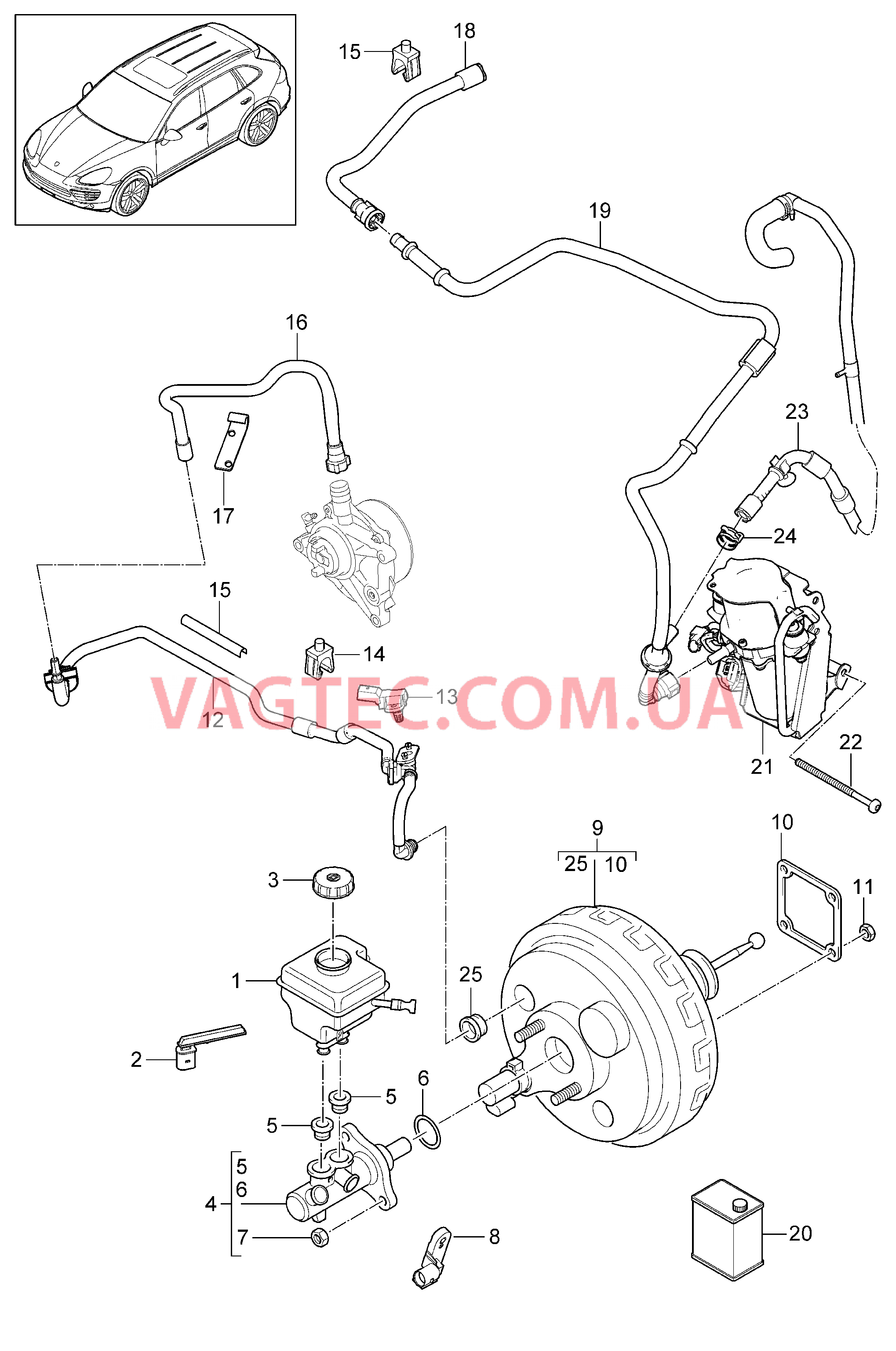604-000 Главный тормозн.цилиндр, Тормозной усилитель, Вакуумный трубопровод для PORSCHE Cayenne 2011-2018USA