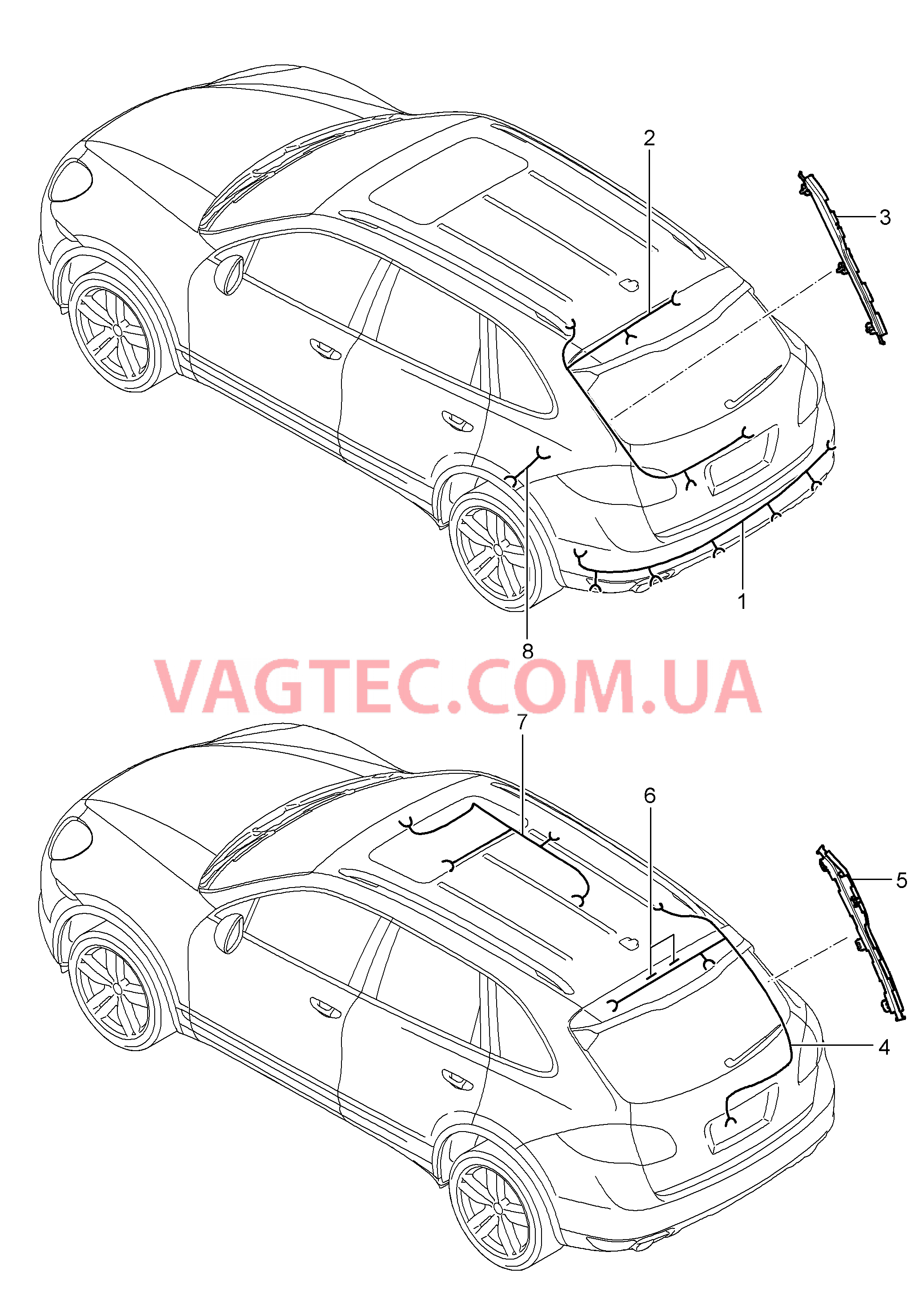 902-020 Жгуты проводов, Задняя часть кузова, Обшивка потолка, ABS, Индик.износа торм.колодок, Задняя ось для PORSCHE Cayenne 2011-2018USA