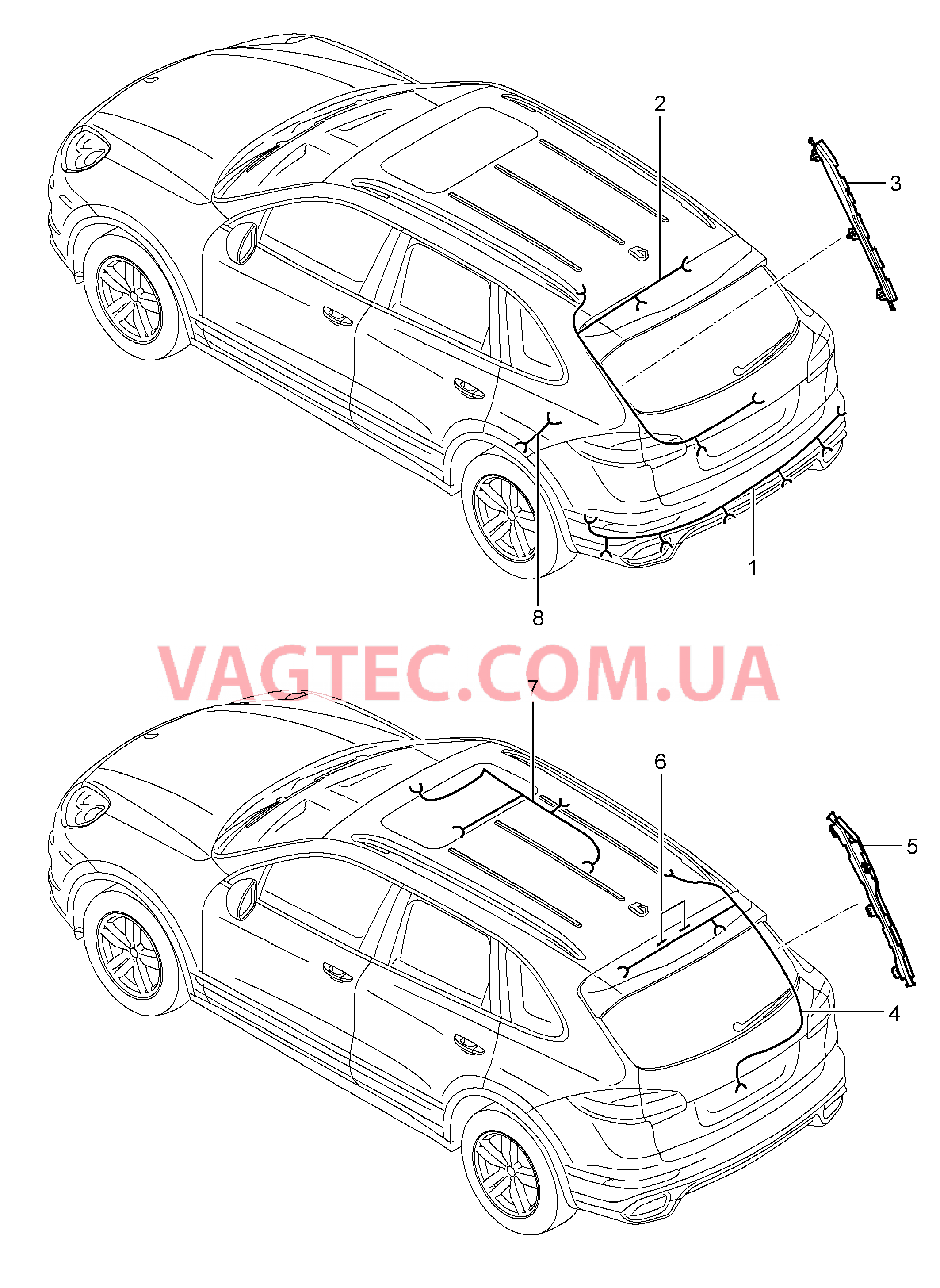 902-021 Жгуты проводов, Задняя часть кузова, Обшивка потолка, ABS, Индик.износа торм.колодок, Задняя ось для PORSCHE Cayenne 2011-2018