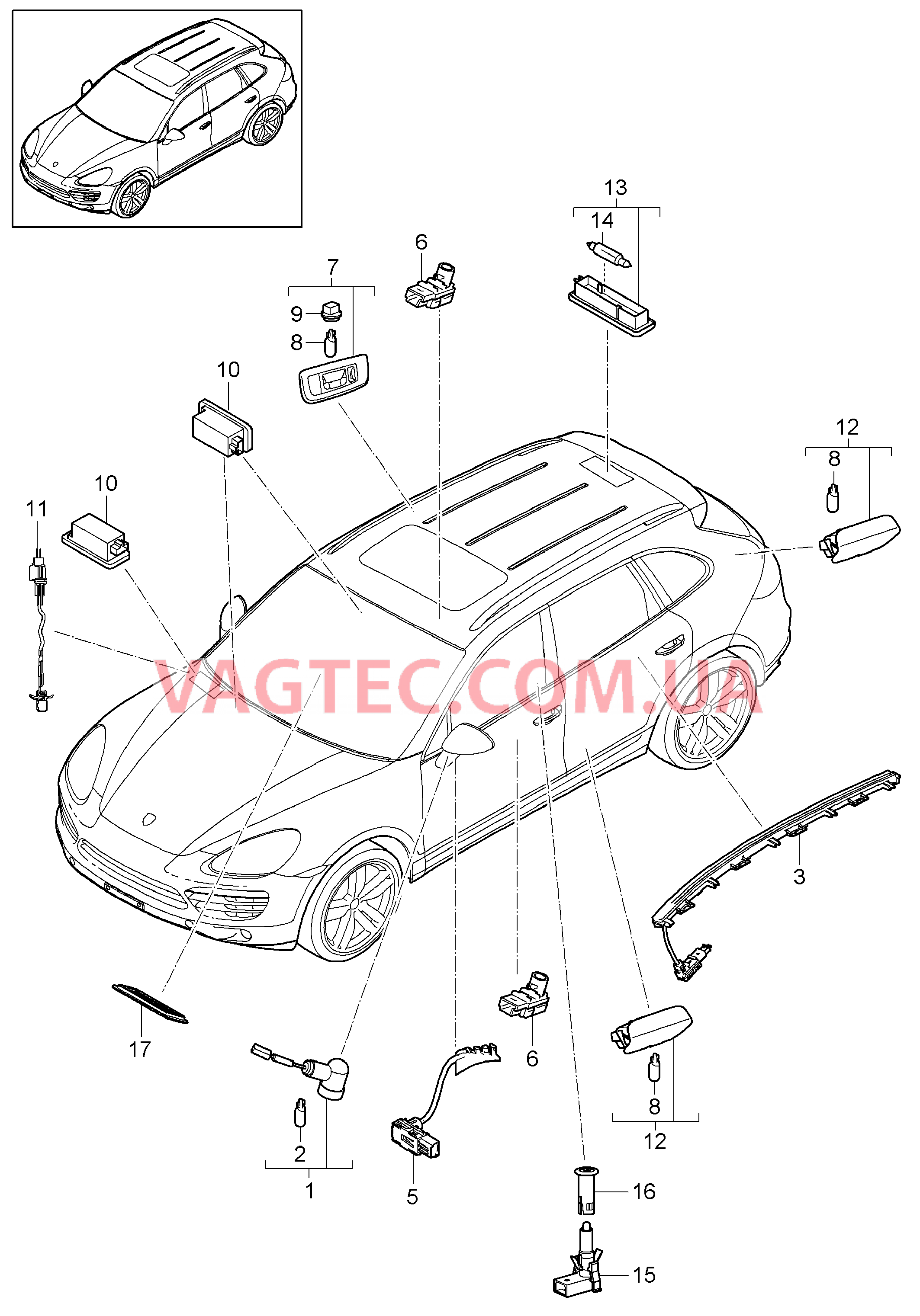 903-002 Освещение салона, Плафон освещения багажного отделения, Сигнальная лампа двери, Подсветка простр.для ног, Лампа, Наружн.зеркало задн.вида для PORSCHE Cayenne 2011-2018