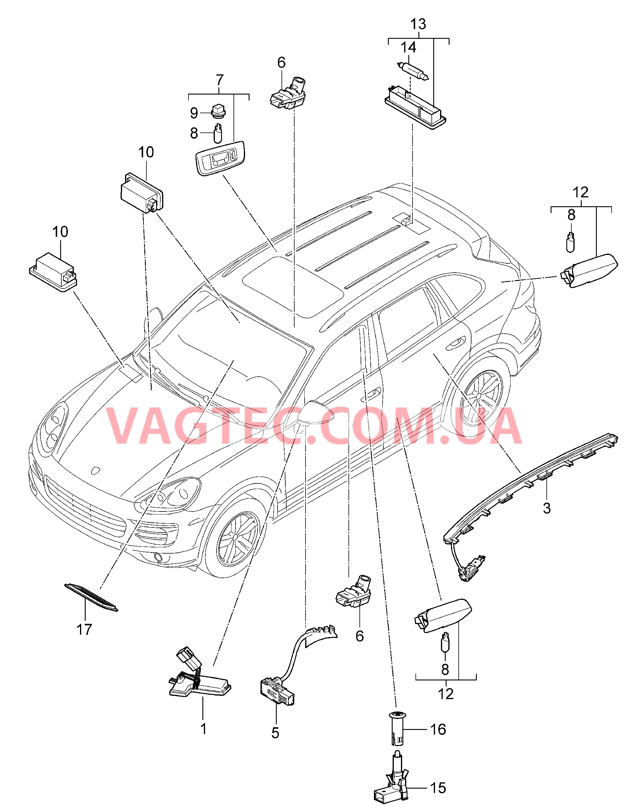 903-003 Освещение салона, Плафон освещения багажного отделения, Сигнальная лампа двери, Подсветка простр.для ног, Лампа, Наружн.зеркало задн.вида для PORSCHE Cayenne 2011-2018