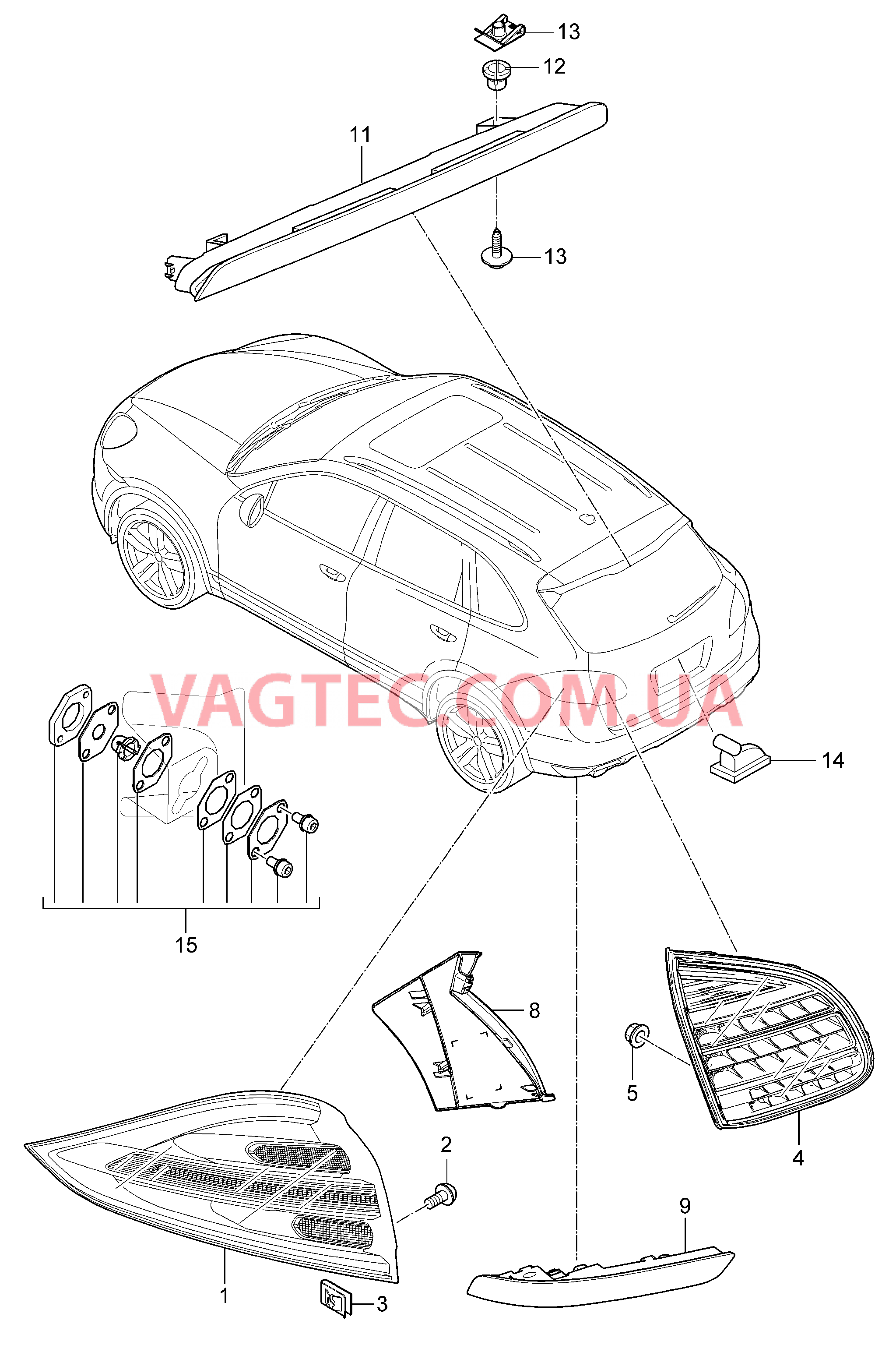 905-007 Задний фонарь, Доп.сигнал торможения, Лампа освещения номерного знака для PORSCHE Cayenne 2011-2018