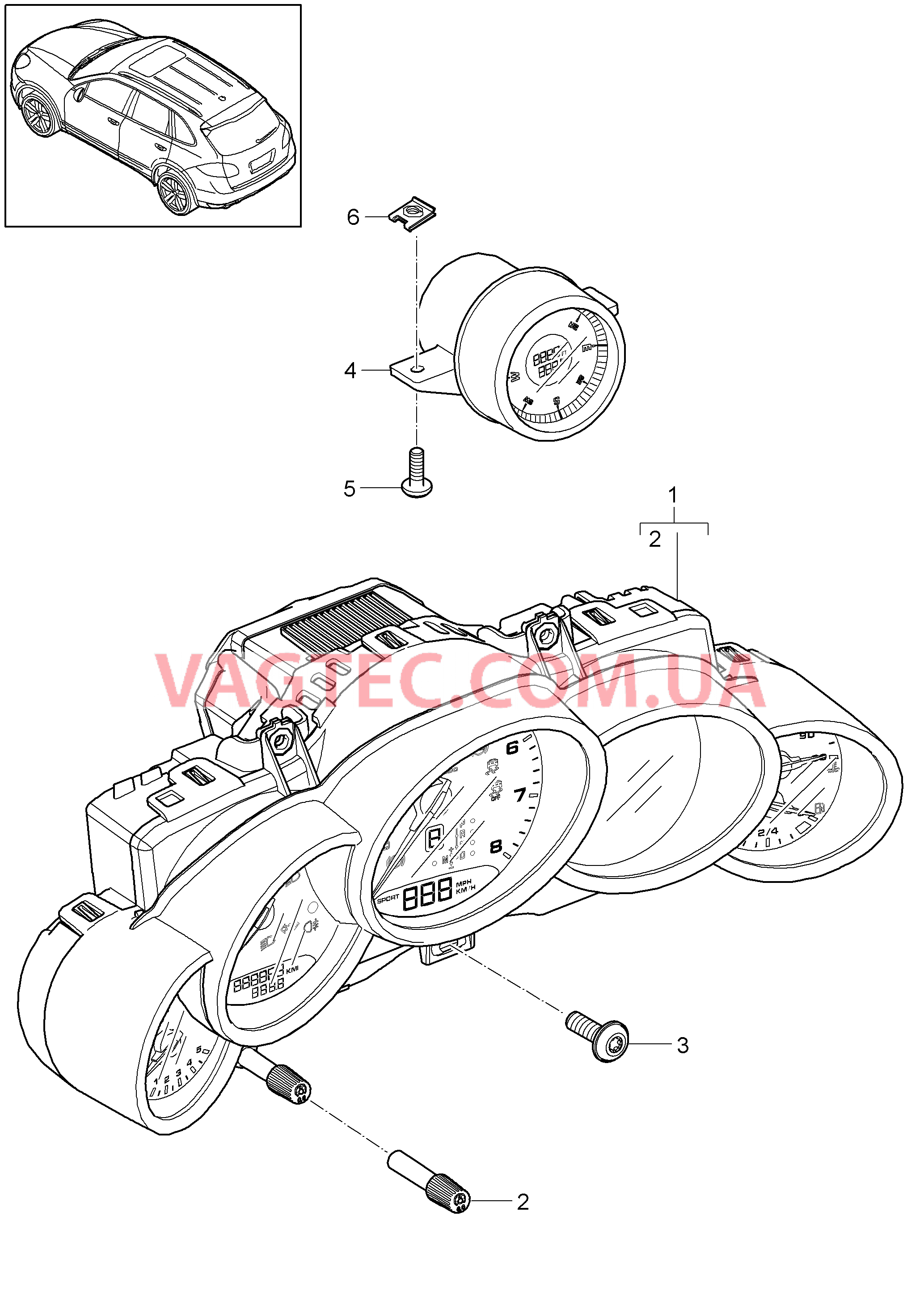 906-000 Инструменты, Компас, Инструменты, Циферблат, Черный неметаллик, Серебристый, см. группу, 9/06/02 для PORSCHE Cayenne 2011-2018