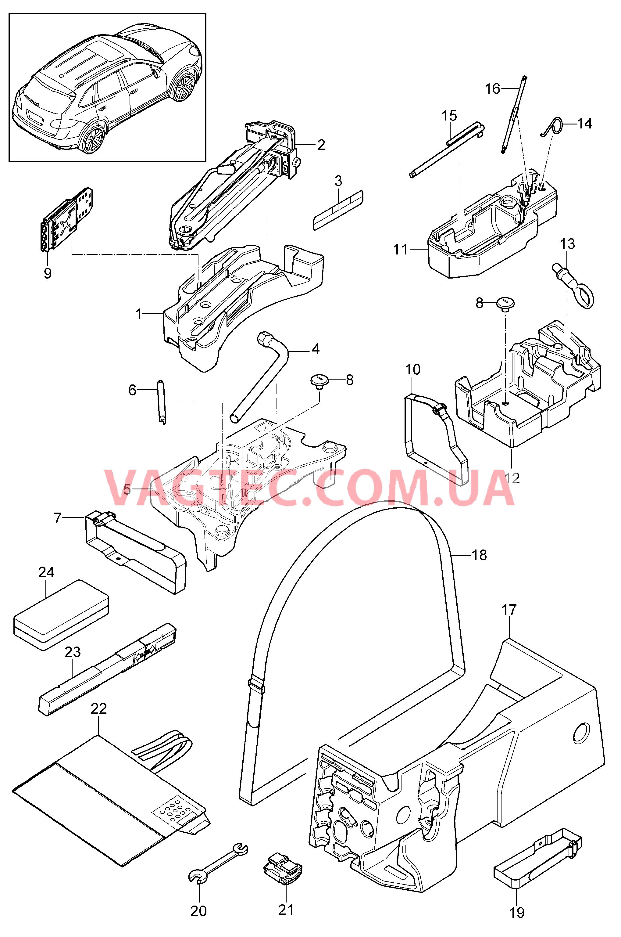 001-000 Инструмент, Домкрат, Знак аварийной остановки, Мед.аптечка для PORSCHE Cayenne 2011-2018