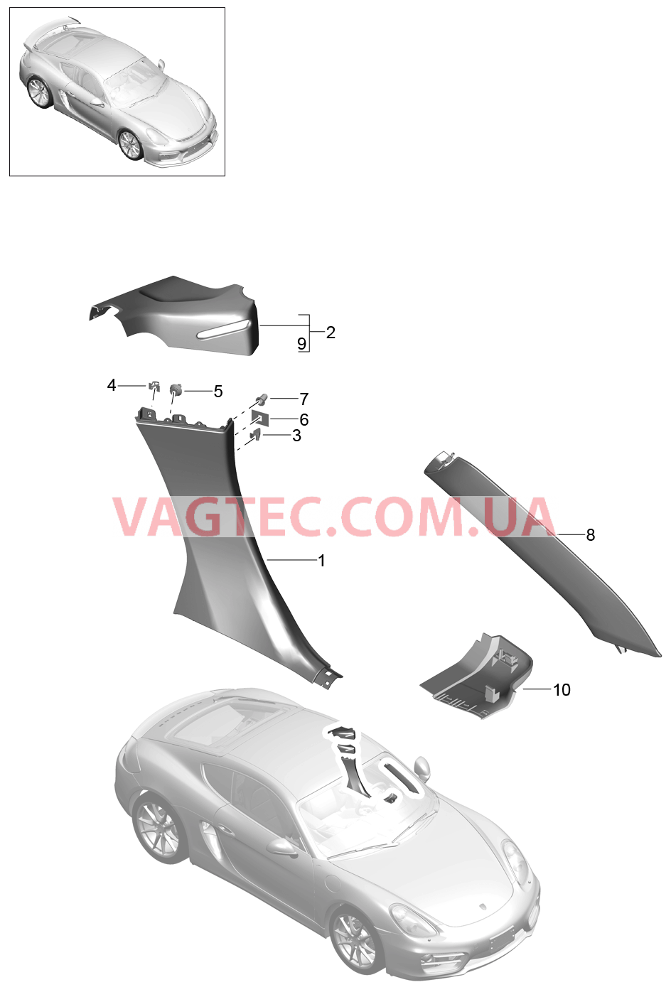 807-020 Обивки, Стойка А, Стойка В, Ветровой кожух для PORSCHE CaymanGT4 2016-USA