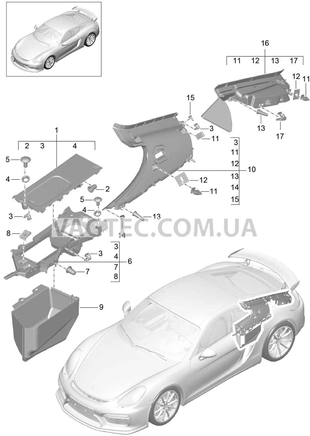 807-030 Обивки, боковой, Моторный отсек, и, Багажный отсек, задний для PORSCHE CaymanGT4 2016-USA