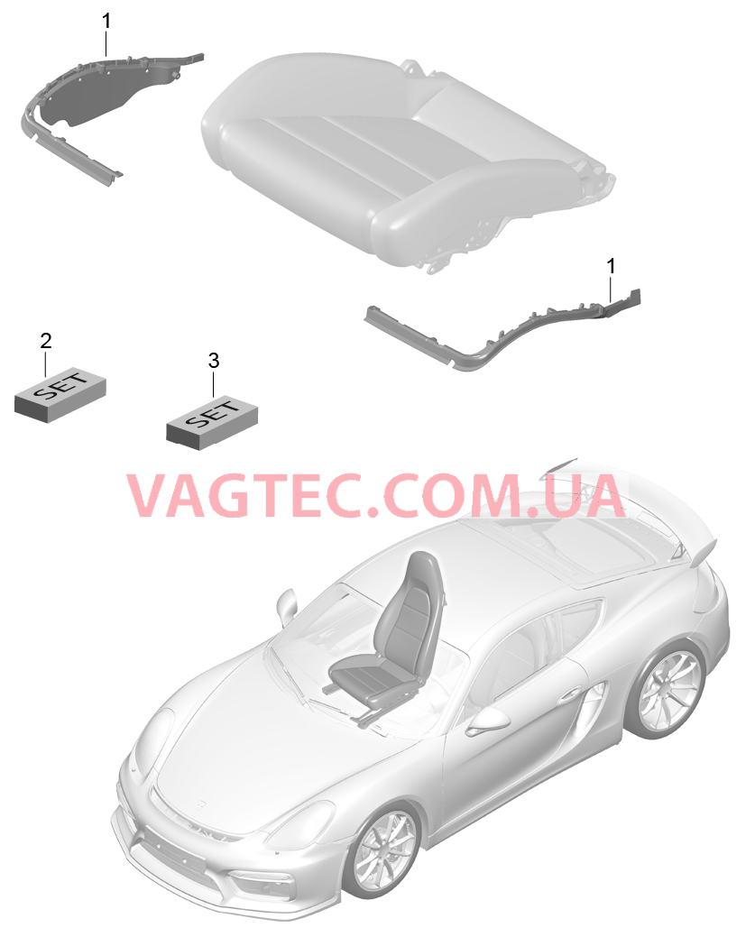 817-024 Держатель обивки, Рама, Опорная поверхность, Спортивное сиденье PLUS, Ремкомплект, Датчик занятости сиденья для PORSCHE CaymanGT4 2016-USA