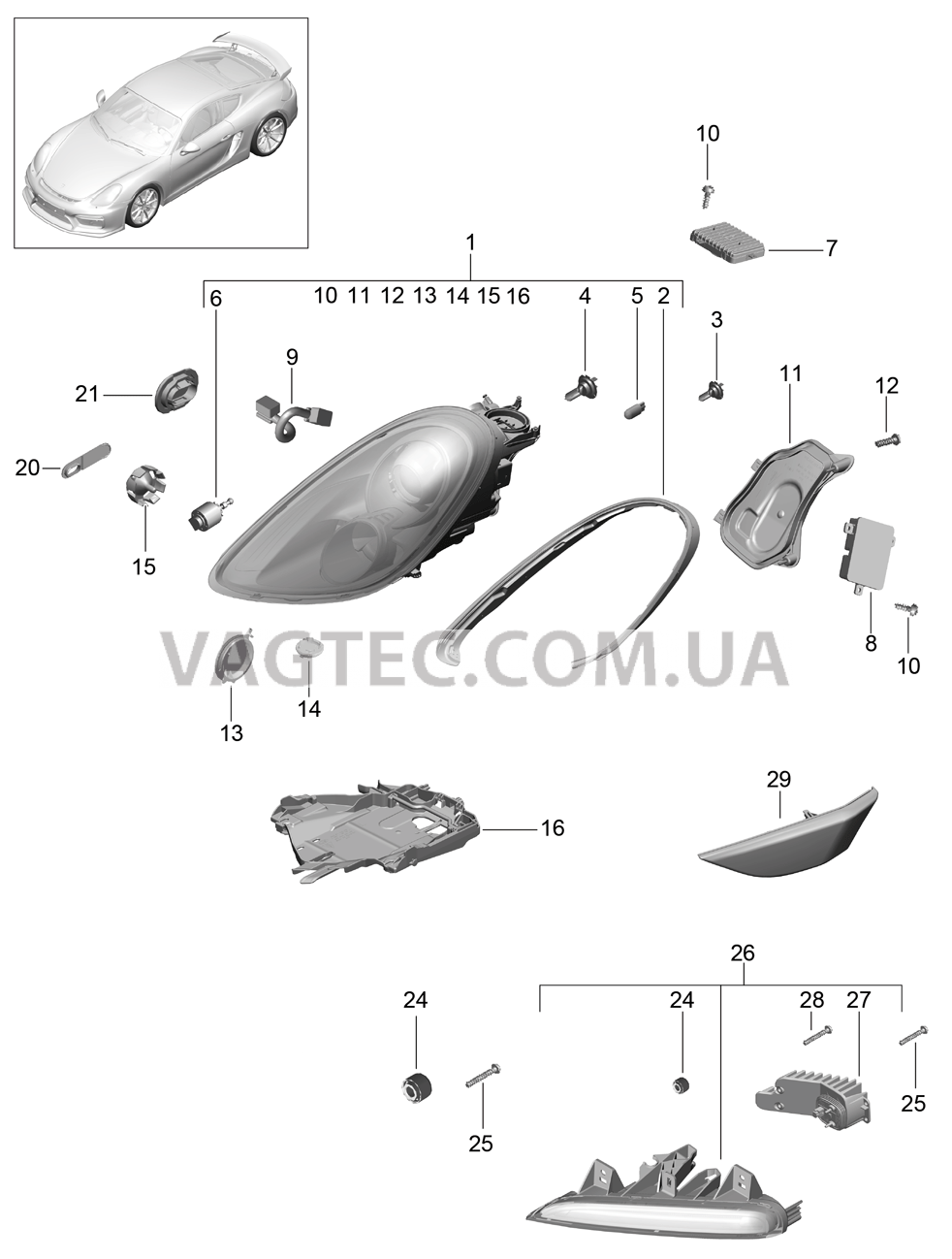 905-002 Фара, с, Сист. динам. освещ. повор., Дополнительная фара, Сигнал поворота, Боковой габаритный огонь для PORSCHE CaymanGT4 2016-USA