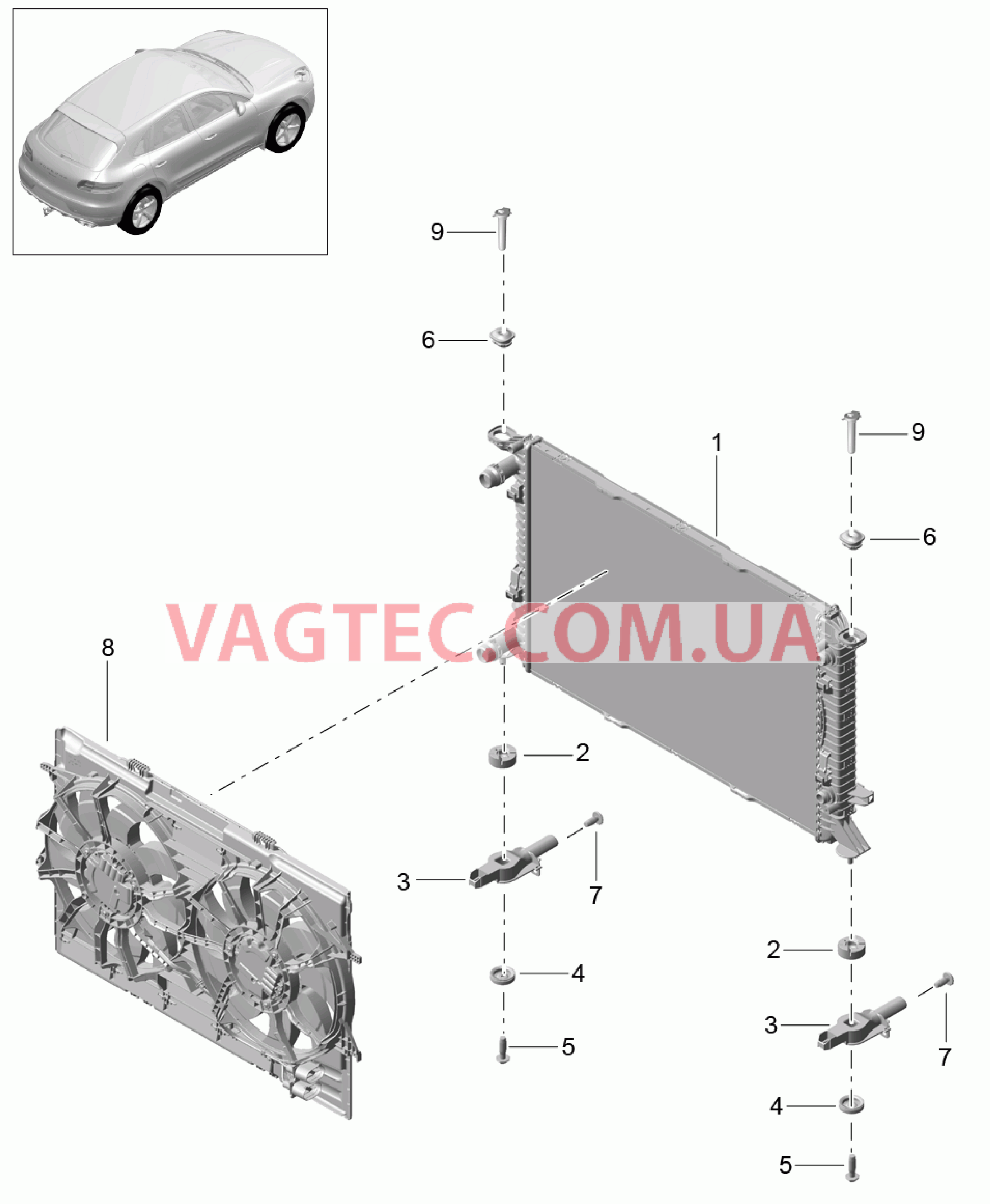 105-038 Водяное охлаждение 3, Жидкостный радиатор
						
						MCN.CC, MCY.NA/NB/PA, IB0N для PORSCHE Macan 2014-2017USA