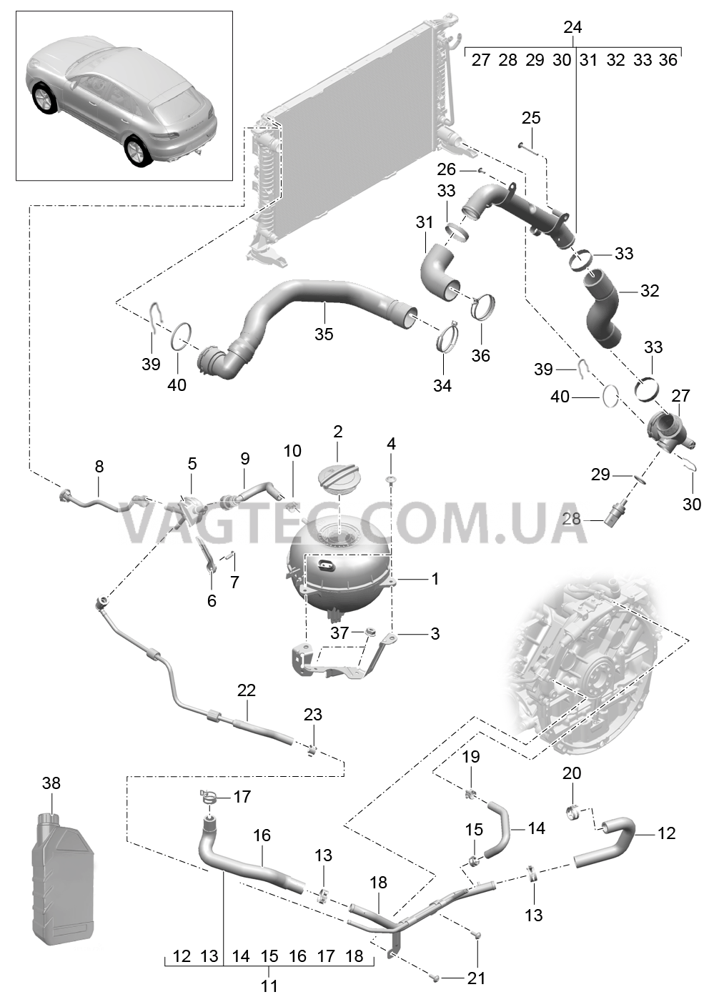 Купить 105-040 Водяное охлаждение 4, Водяной резервуар MCT.LA/MA, MDC.NA  Macan PORSCHE 2014-2017USA года. Купить оригинальные детали Macan PORSCHE  2014-2017USA года | VAGTEC.COM.UA