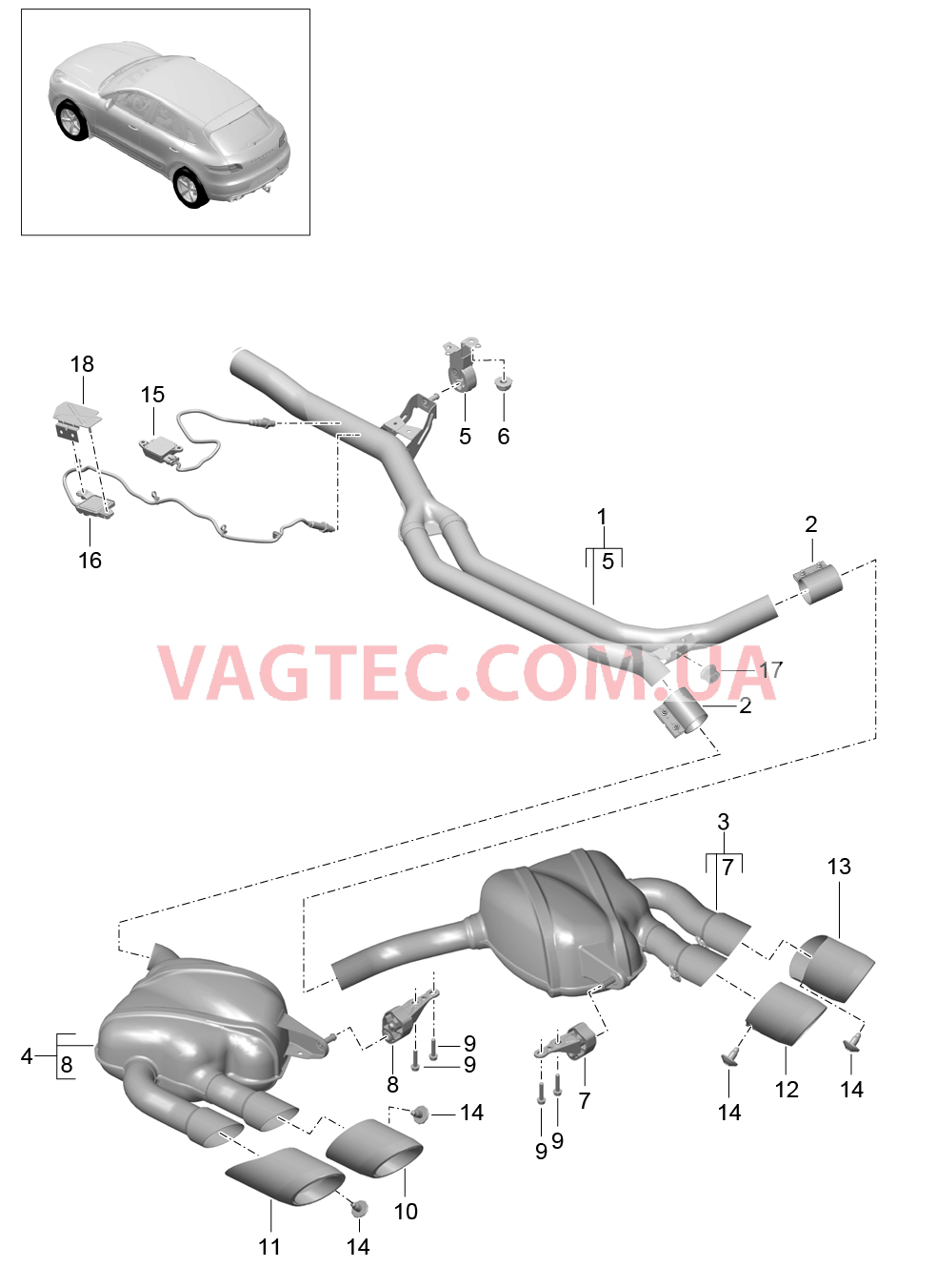 202-055 Выпускная система, Предварительный глушитель, Основной глушитель
						
						MCD.UD, MCT.BA/BB/BC для PORSCHE Macan 2014-2017