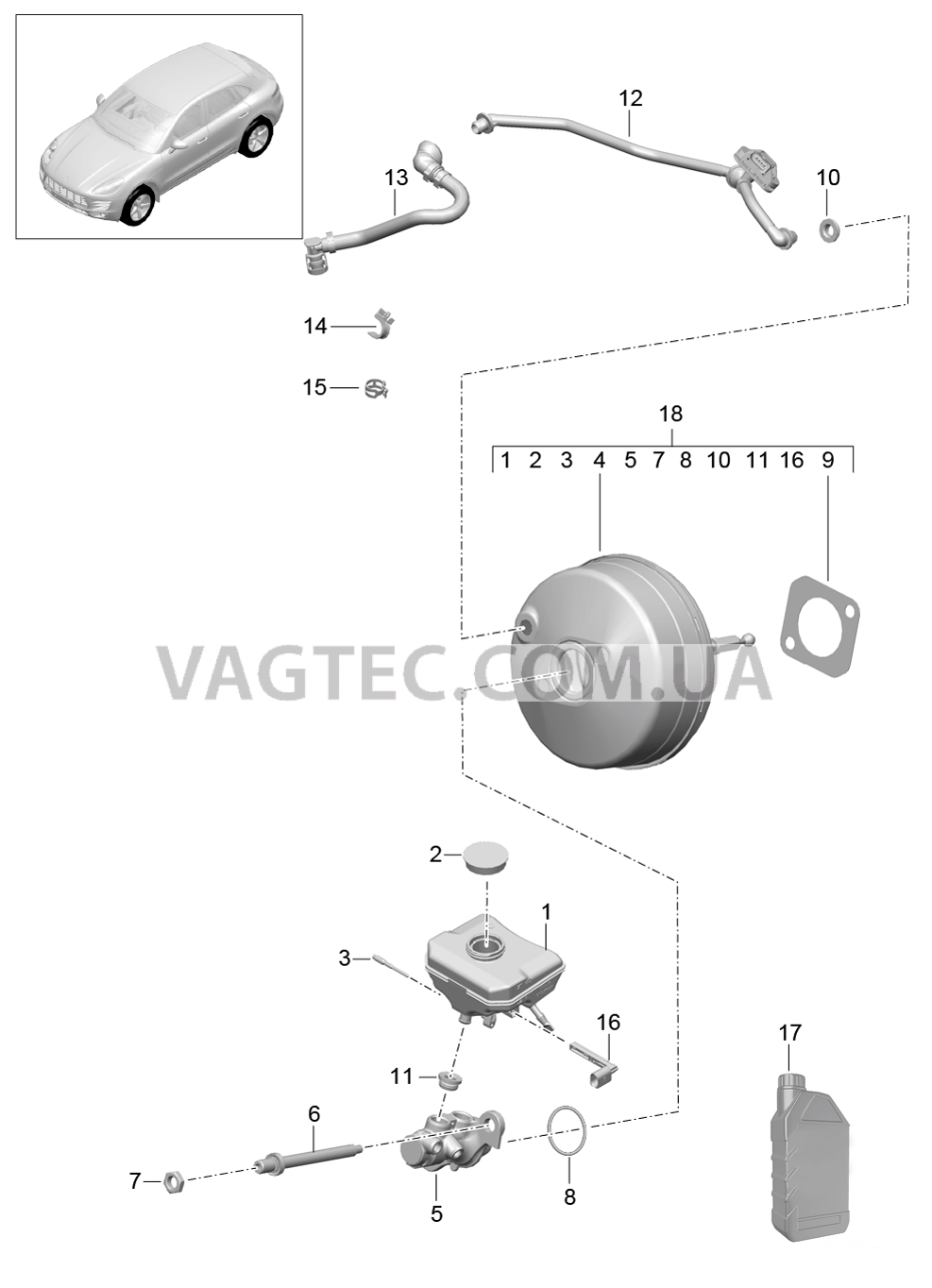 604-000 Главный тормозн.цилиндр, Тормозной усилитель, Вакуумный трубопровод для PORSCHE Macan 2014-2017