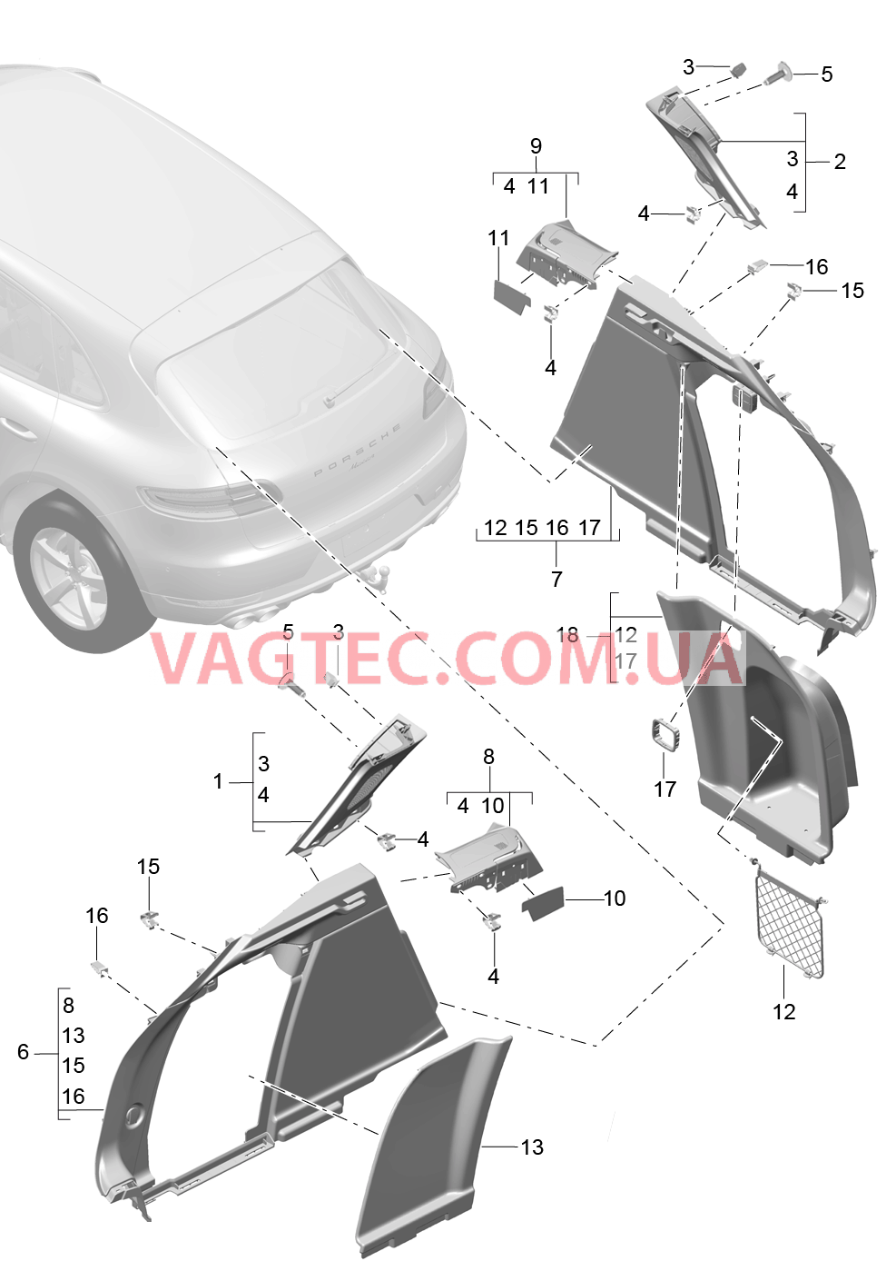 807-045 Обшивка, Багажный отсек, боковой, Стойка D для PORSCHE Macan 2014-2017