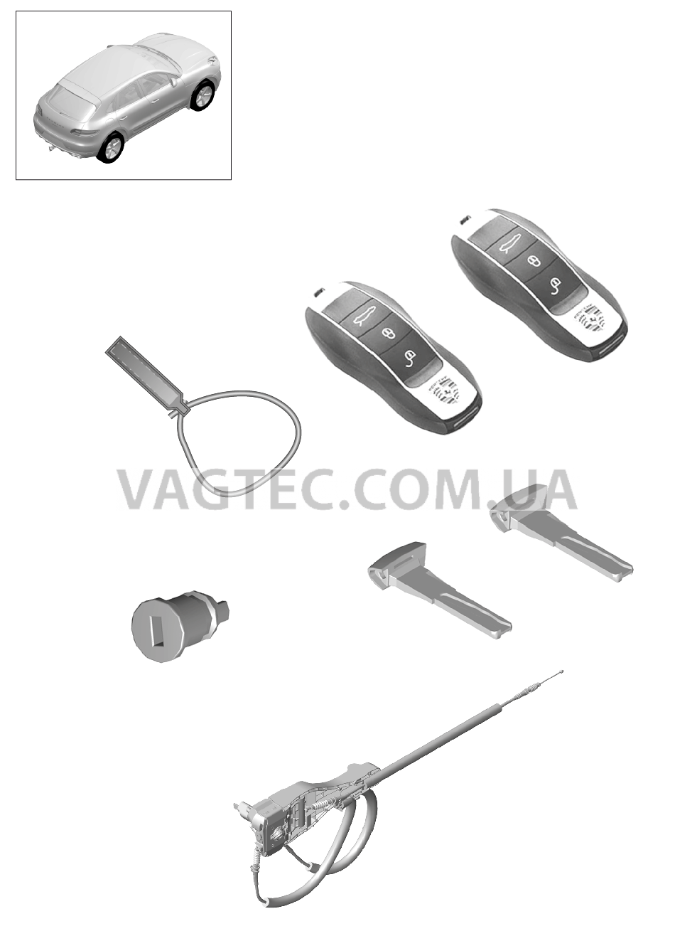 898-000 Набор замков, состоит из:, Замок перчаточного ящика, Опорная скоба, с, Цилиндр замка, Аварийный ключ, Брелок для ключей, Ручной передатчик для PORSCHE Macan 2014-2017USA