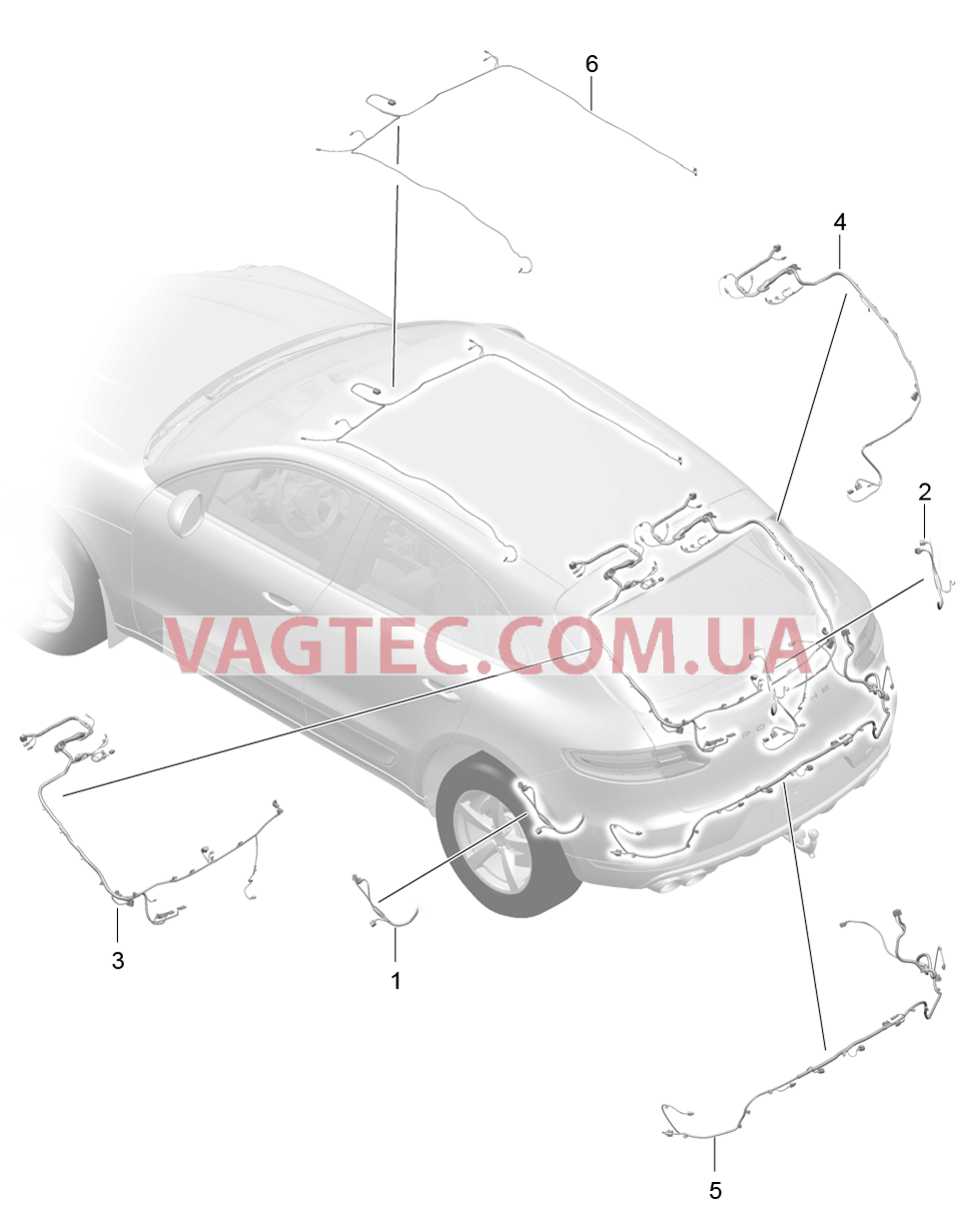902-020 Жгуты проводов, Задняя часть кузова, Обшивка потолка, Крышка багажн.отсека, ABS, Индик.износа торм.колодок, Задняя ось для PORSCHE Macan 2014-2017