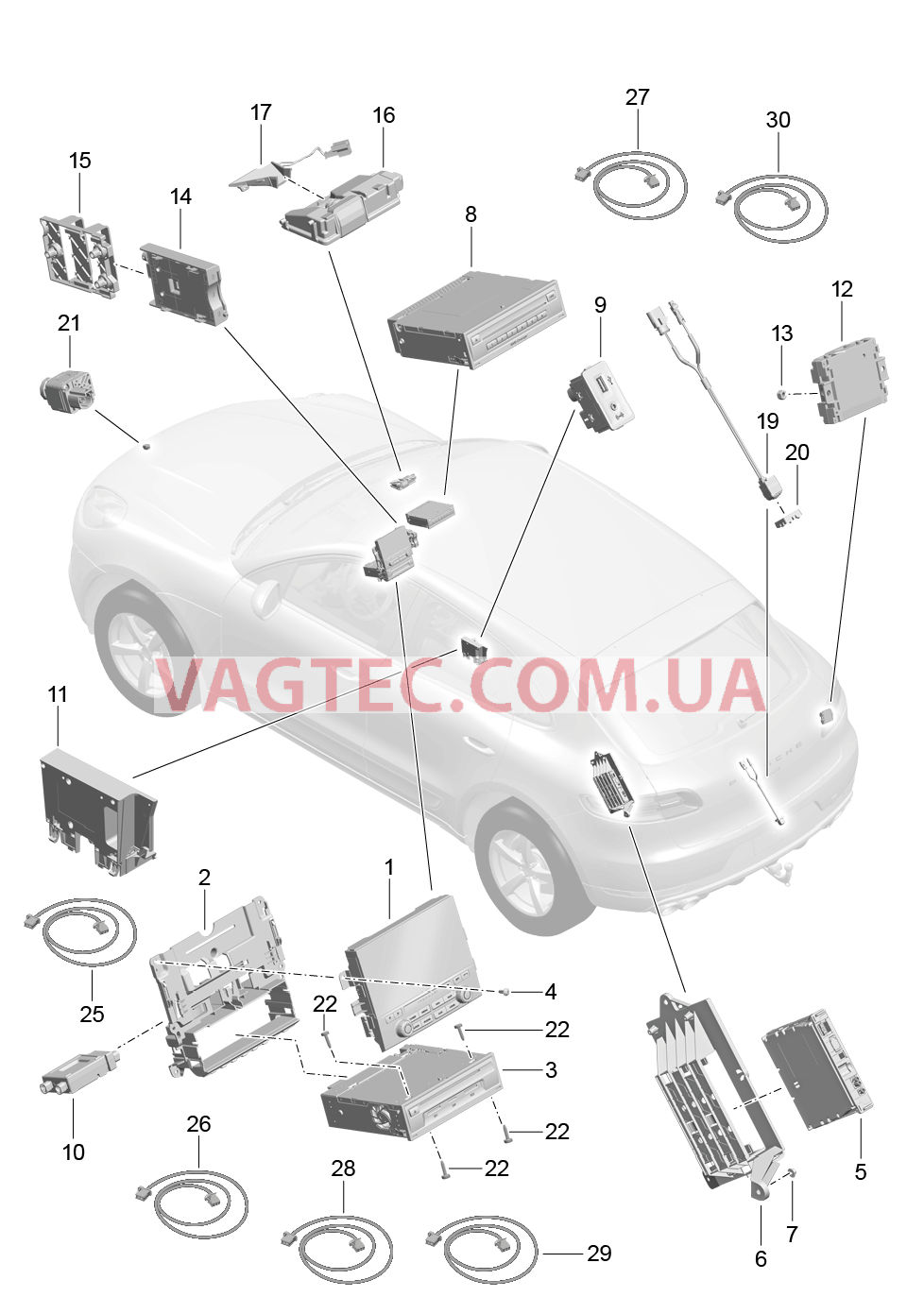 911-002 Экран, Центральный компьютер, Навигация, Телевизор, Микрофон, Интерфейс для подключения мультимедийных устр, Блок подключения, Камера, Соединительная трубка для PORSCHE Macan 2014-2017