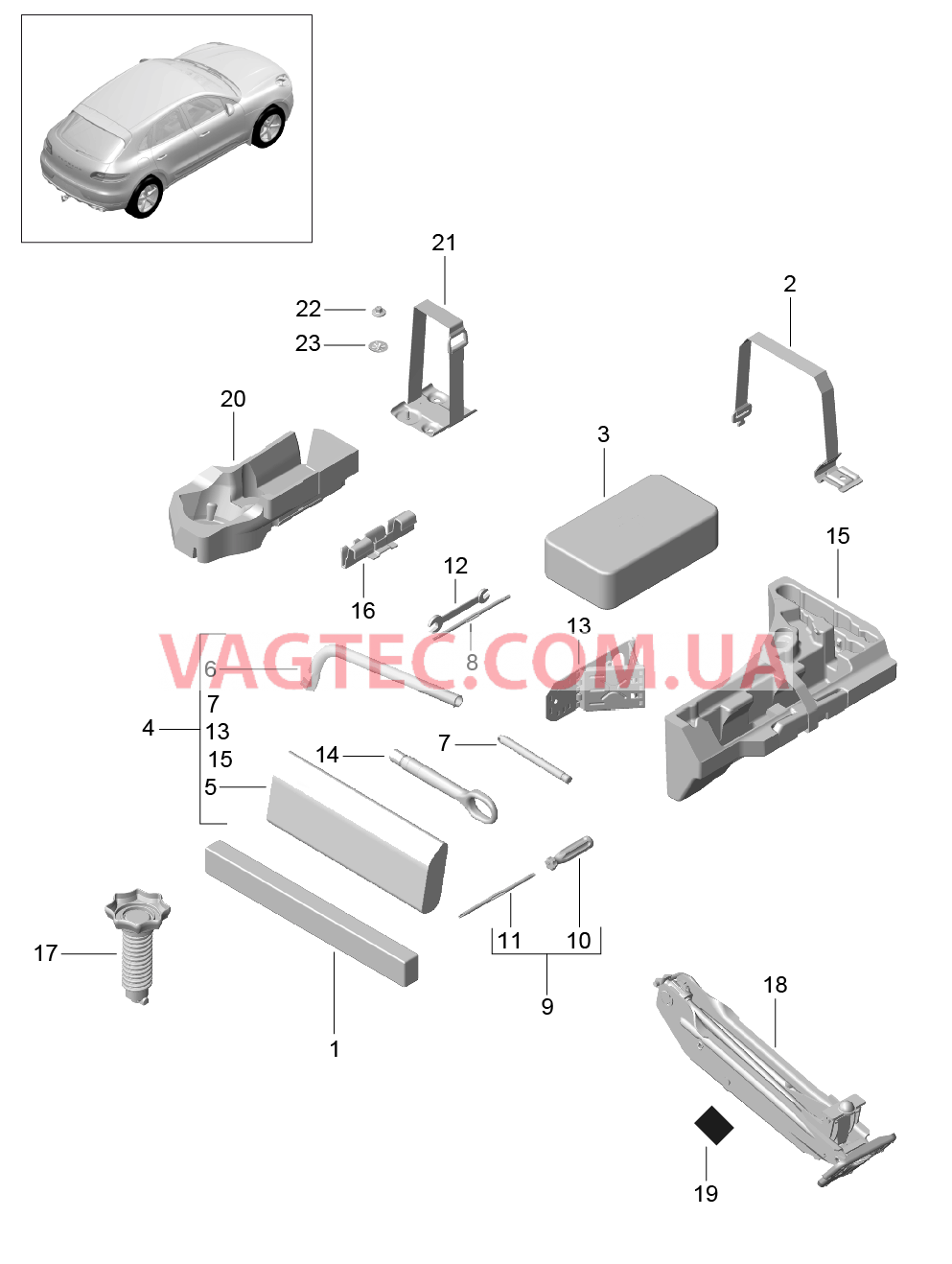 001-000 Инструмент, Домкрат, Знак аварийной остановки, Мед.аптечка для PORSCHE Macan 2014-2017