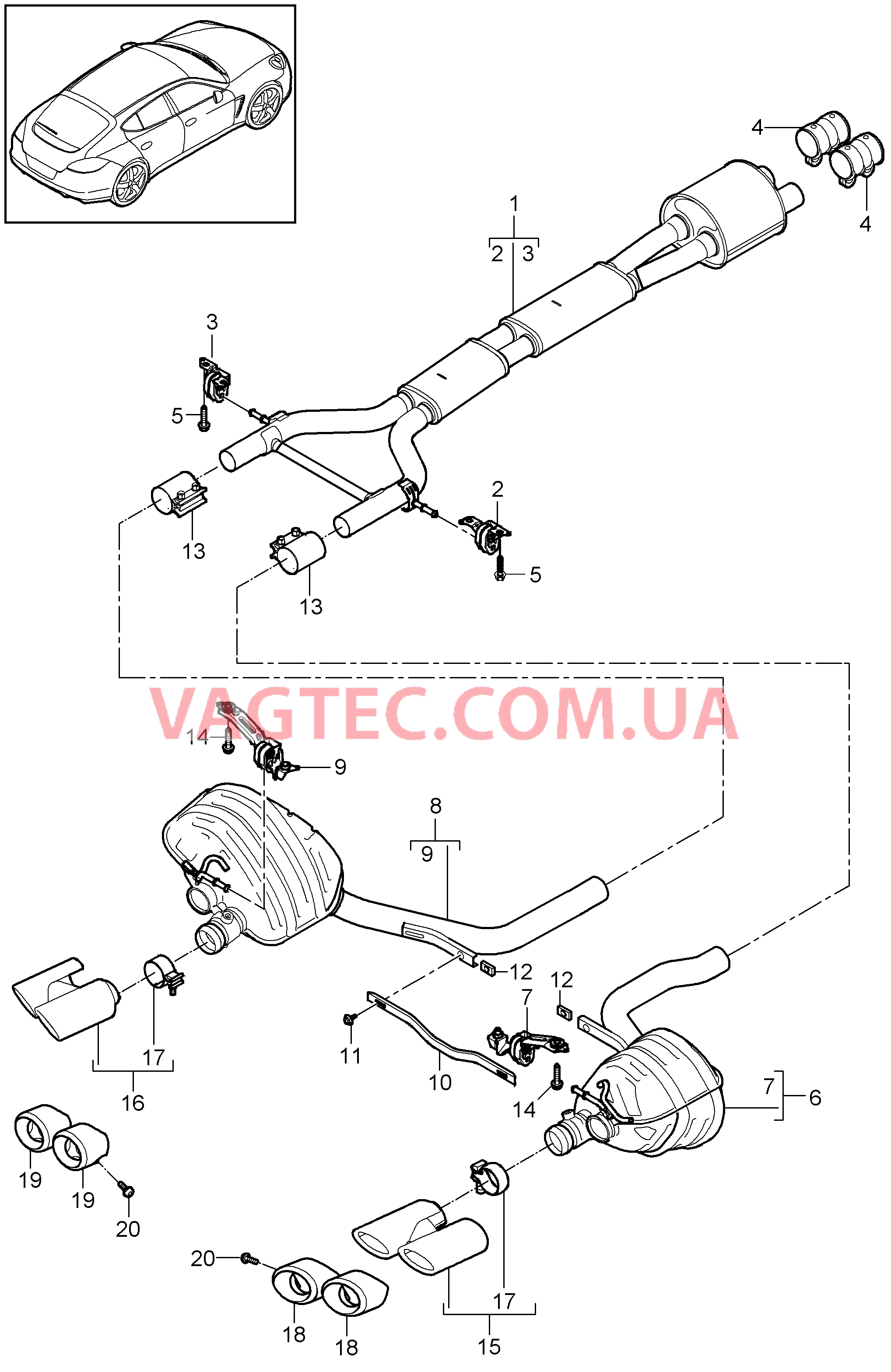 202-075 Выпускная система, Предварительный глушитель, Основной глушитель
						
						MCG.EA/FA для PORSCHE Panamera 2010-2016