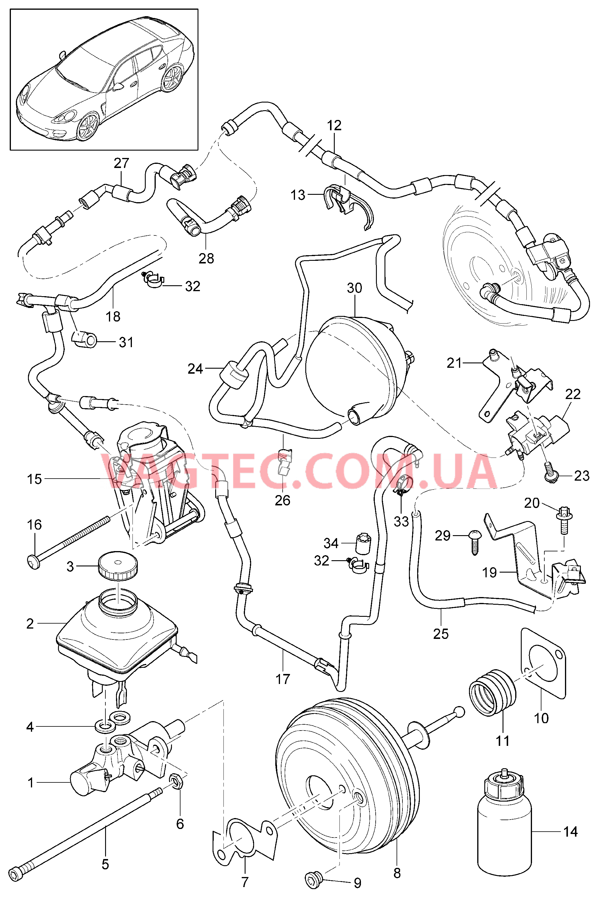 604-000 Главный тормозн.цилиндр, Тормозной усилитель, Вакуумный трубопровод для PORSCHE Panamera 2010-2016