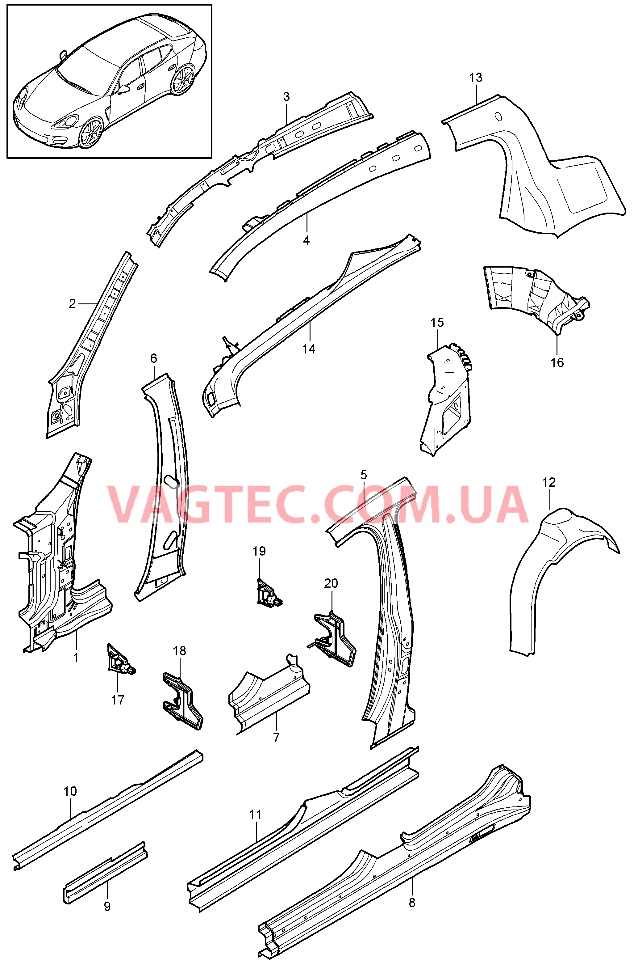 801-050 Боковая часть, внутренний для PORSCHE Panamera 2010-2016