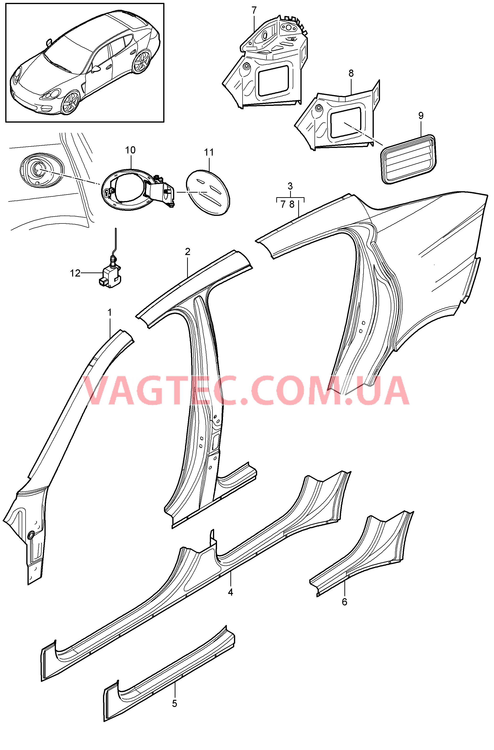 801-055 Боковая часть, внешний для PORSCHE Panamera 2010-2016USA