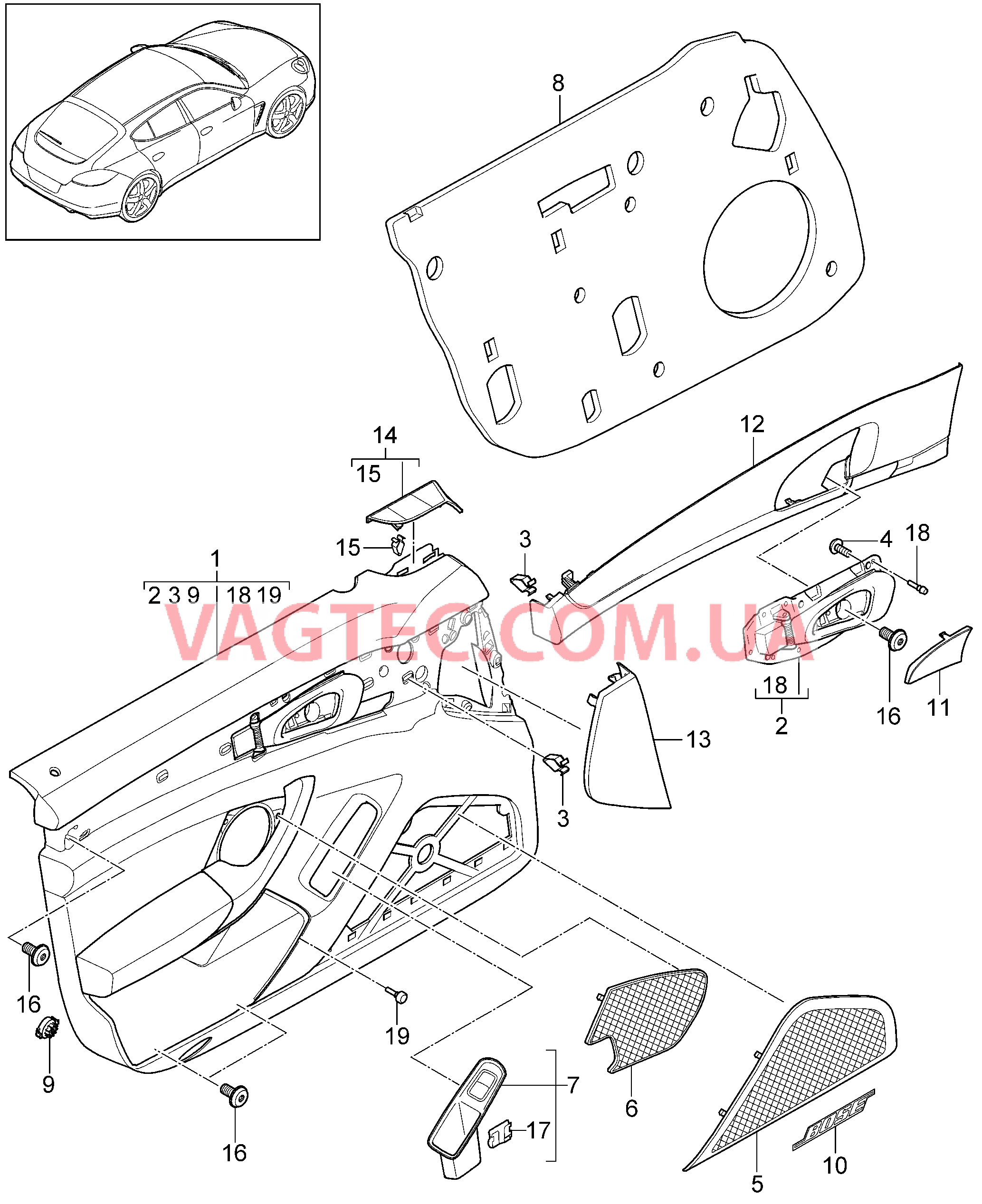 807-005 Обшивка двери для PORSCHE Panamera 2010-2016