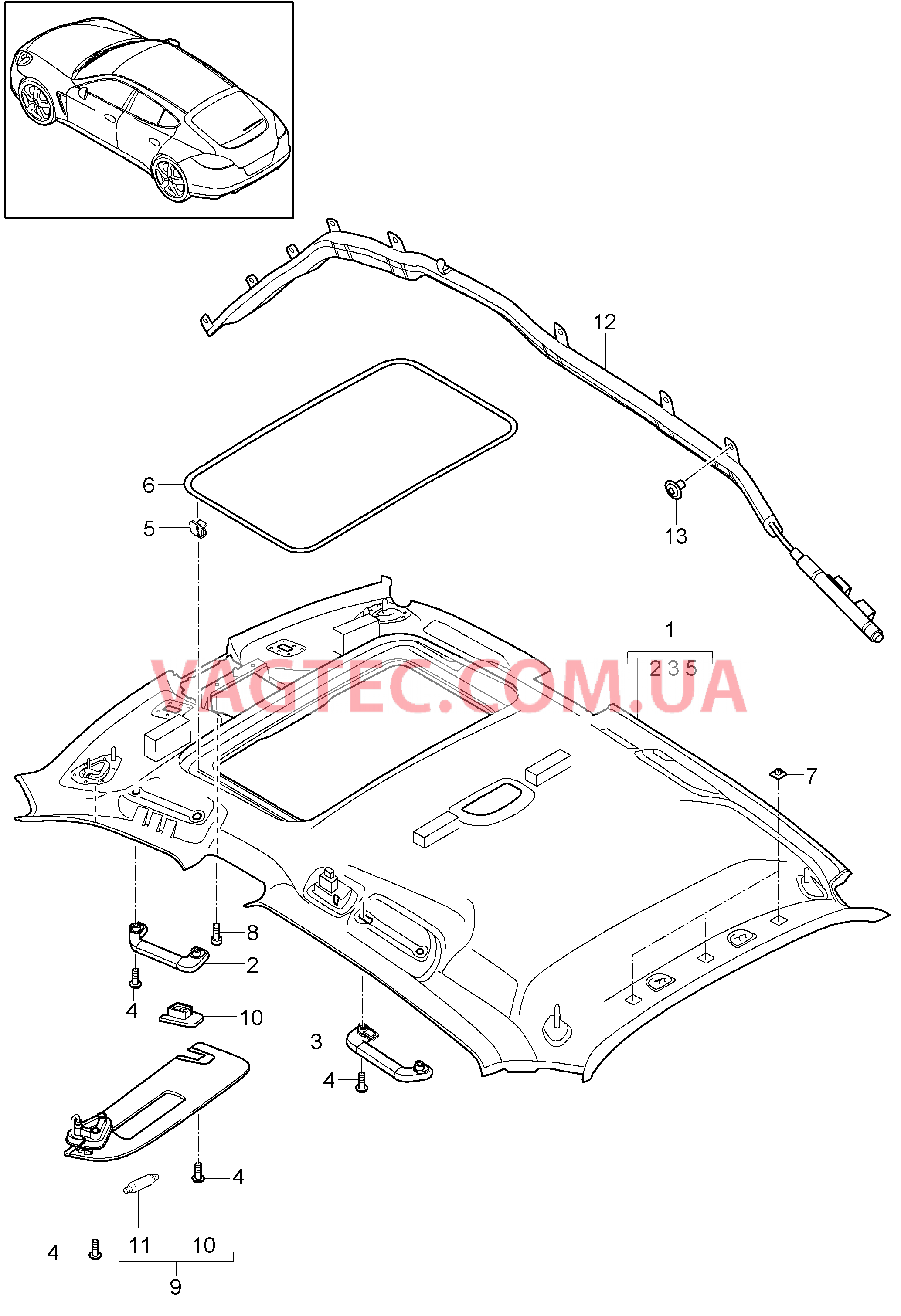 807-015 Обшивка потолка, Детали, Солнцезащитные козырьки для PORSCHE Panamera 2010-2016