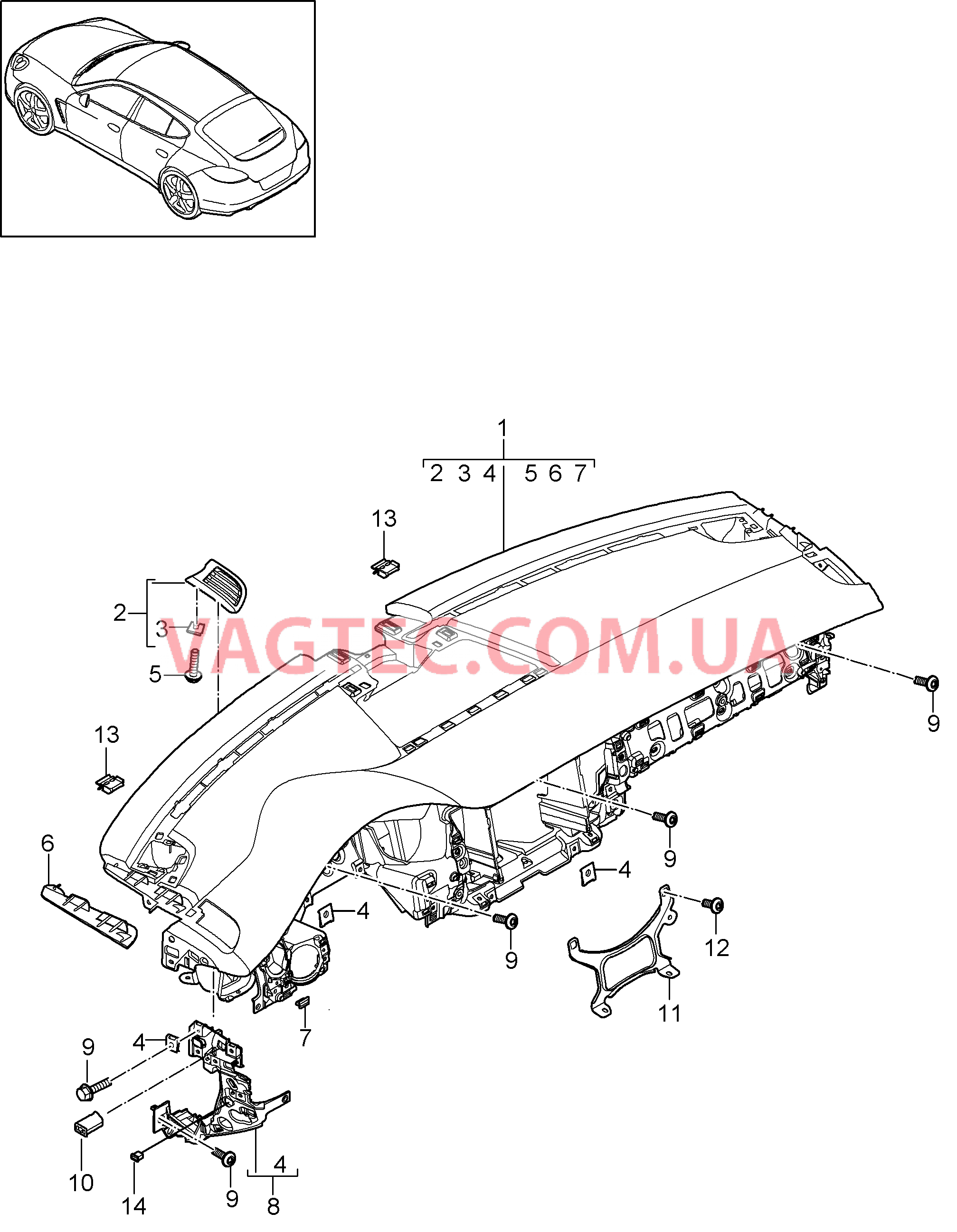 809-000 Панель приборов, Верхняя часть, с, Крепежные элементы для PORSCHE Panamera 2010-2016USA