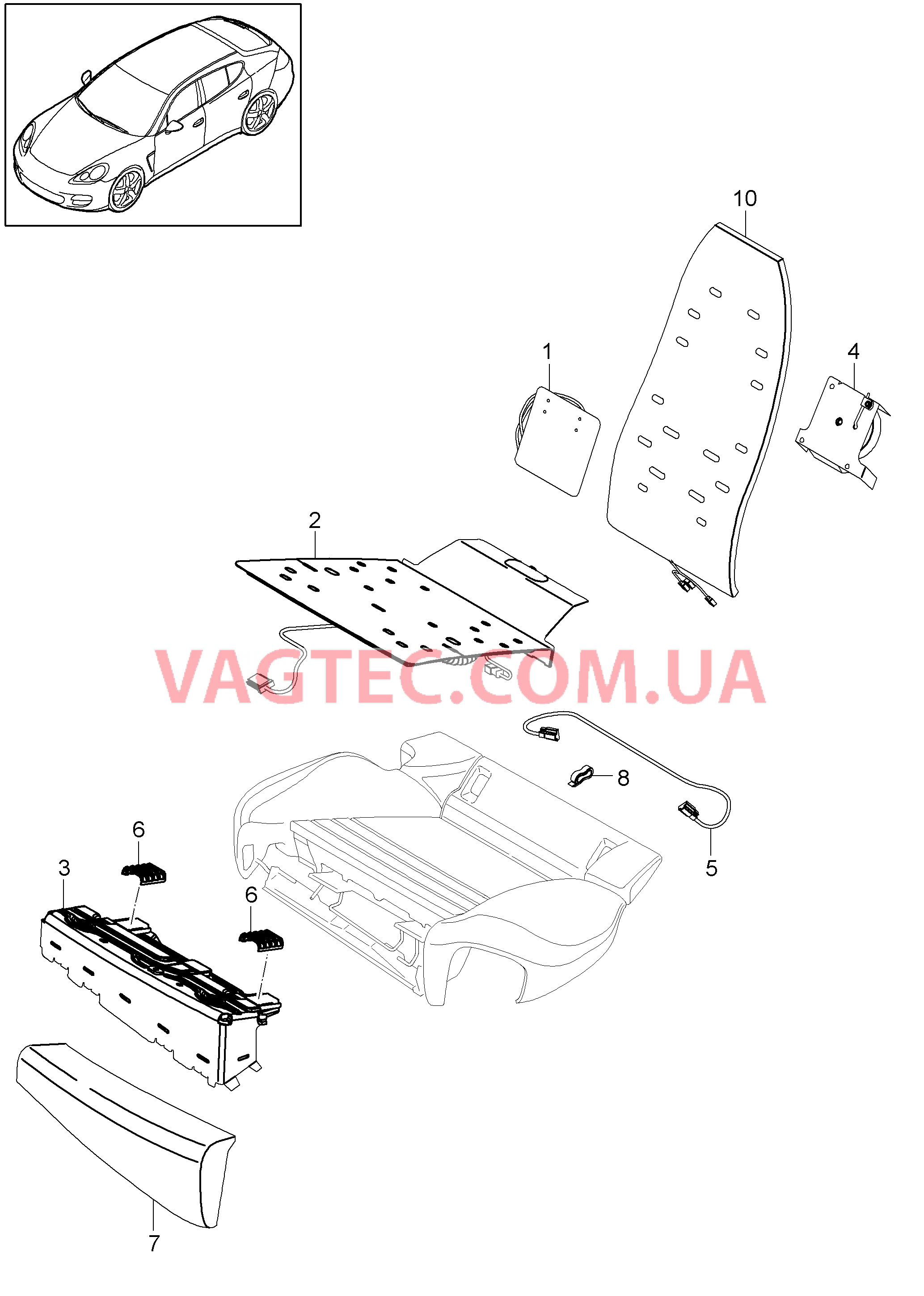 817-057 Регулир.поясничн.подпора, Спинка заднего сиденья, Детали, Управляющий модуль, Электропривод, Подушка сиденья для PORSCHE Panamera 2010-2016