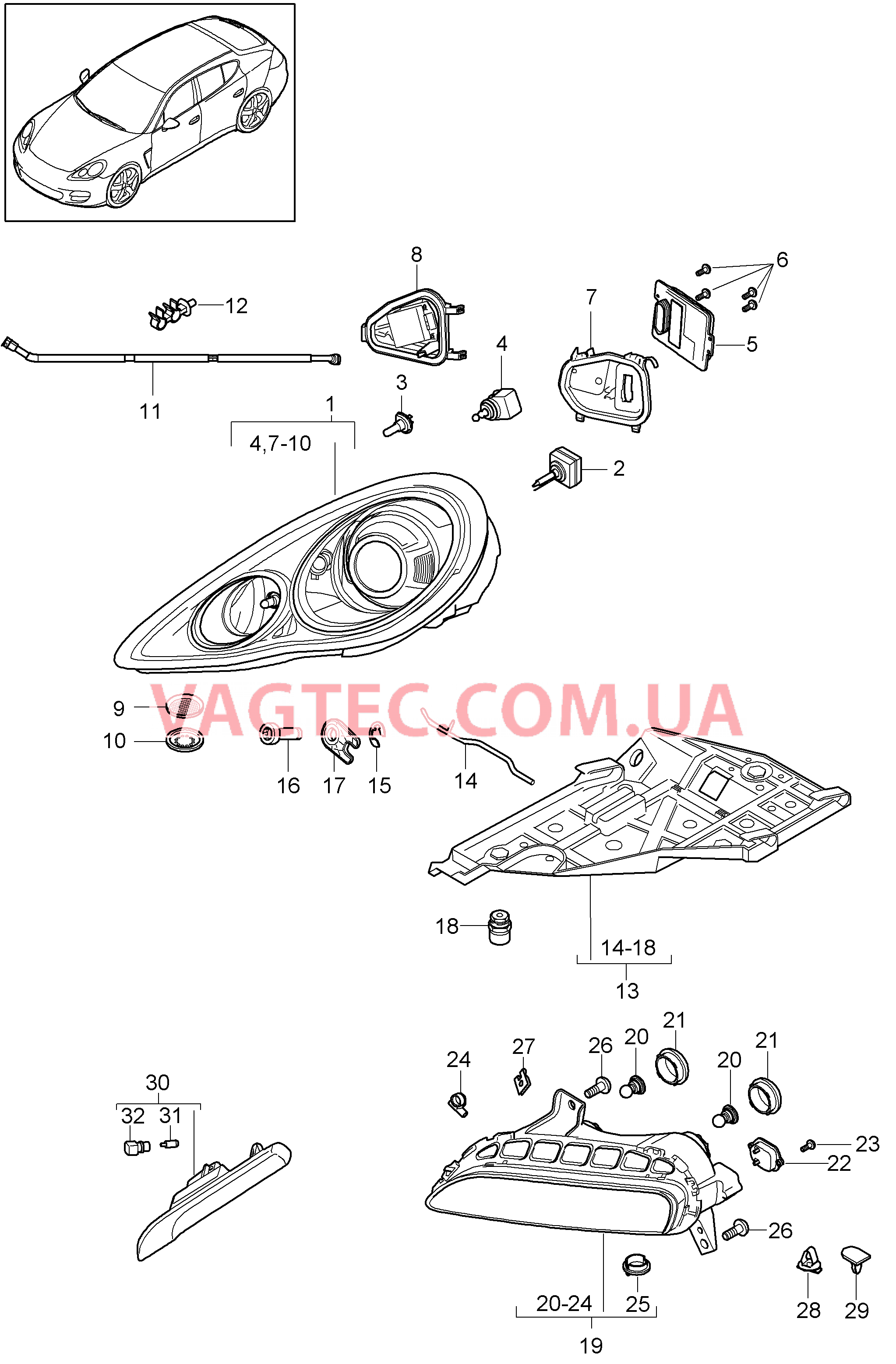 905-002 Фара, Боковой габаритный огонь, Противотуманная фара
						
						I603/604/620 для PORSCHE Panamera 2010-2016USA